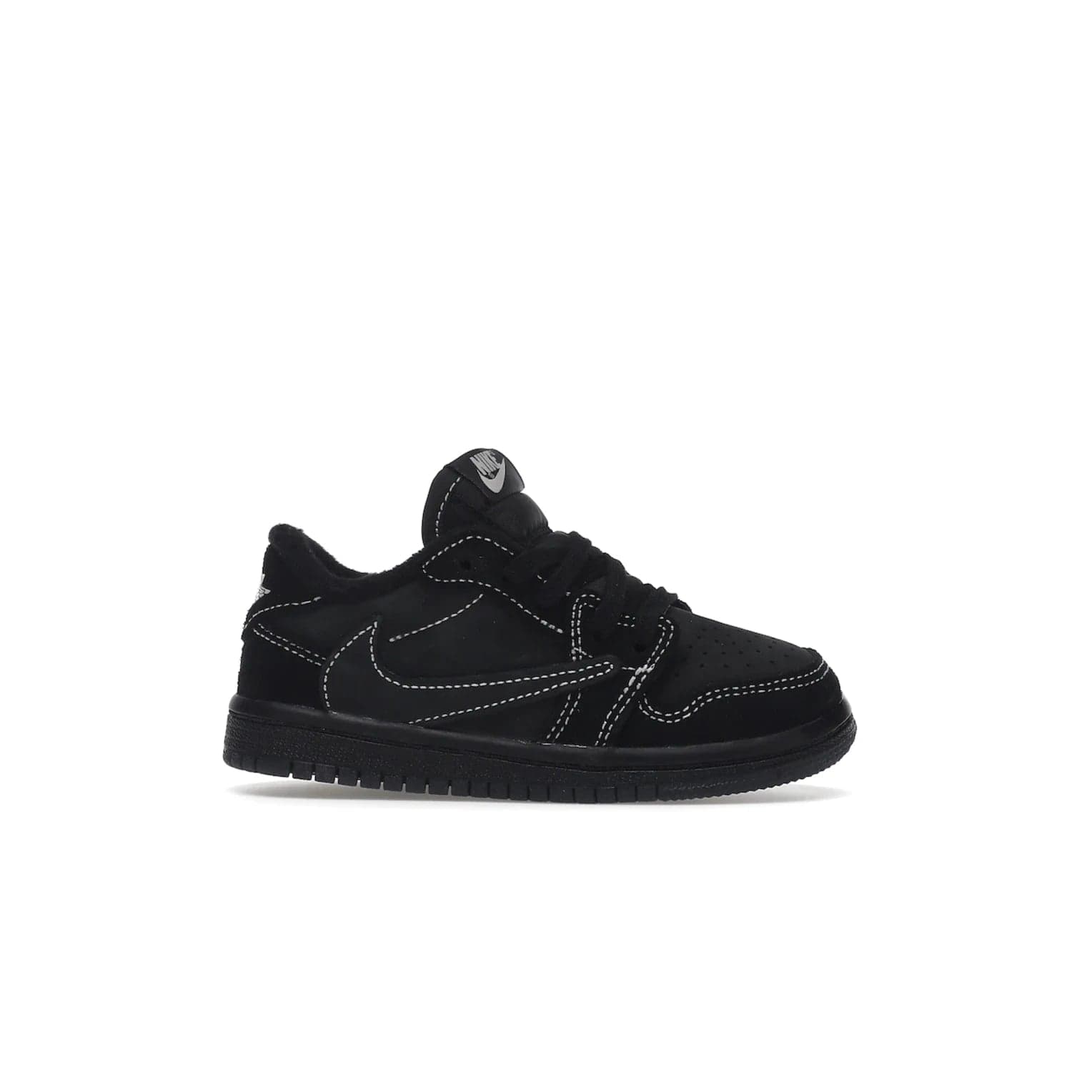 Jordan 1 Retro Low OG SP Travis Scott Black Phantom (TD) - Image 2 - Only at www.BallersClubKickz.com - Shop the Air Jordan I Retro Low OG SP "Travis Scott Black Phantom" TD. Bold black and phantom colorway crafted from nubuck and suede with white stitching. Cactus Jack and Wings branding. Release: Dec 15, 2022.