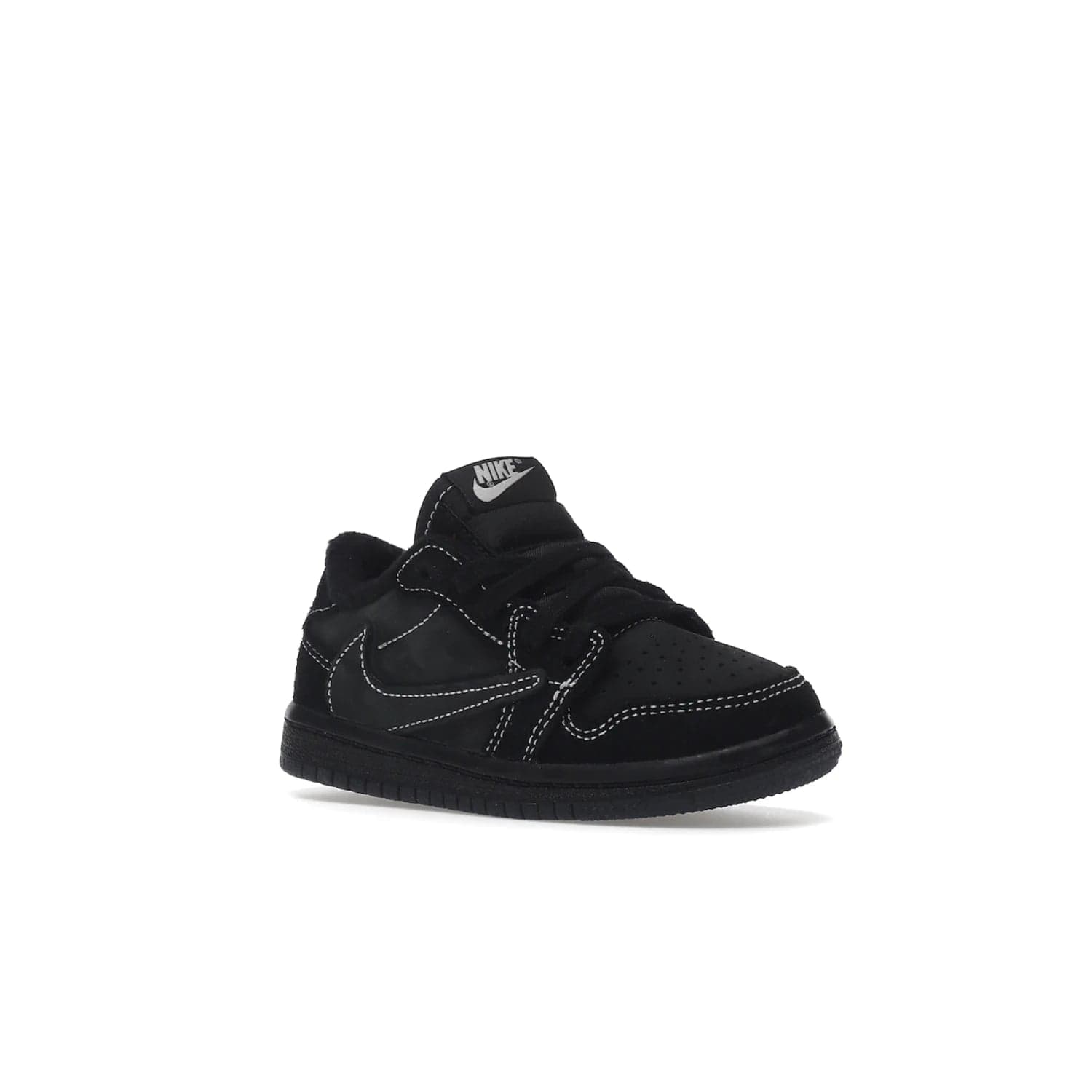 Jordan 1 Retro Low OG SP Travis Scott Black Phantom (TD) - Image 5 - Only at www.BallersClubKickz.com - Shop the Air Jordan I Retro Low OG SP "Travis Scott Black Phantom" TD. Bold black and phantom colorway crafted from nubuck and suede with white stitching. Cactus Jack and Wings branding. Release: Dec 15, 2022.