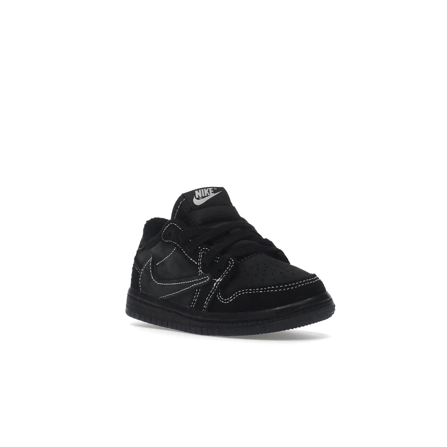 Jordan 1 Retro Low OG SP Travis Scott Black Phantom (TD) - Image 6 - Only at www.BallersClubKickz.com - Shop the Air Jordan I Retro Low OG SP "Travis Scott Black Phantom" TD. Bold black and phantom colorway crafted from nubuck and suede with white stitching. Cactus Jack and Wings branding. Release: Dec 15, 2022.