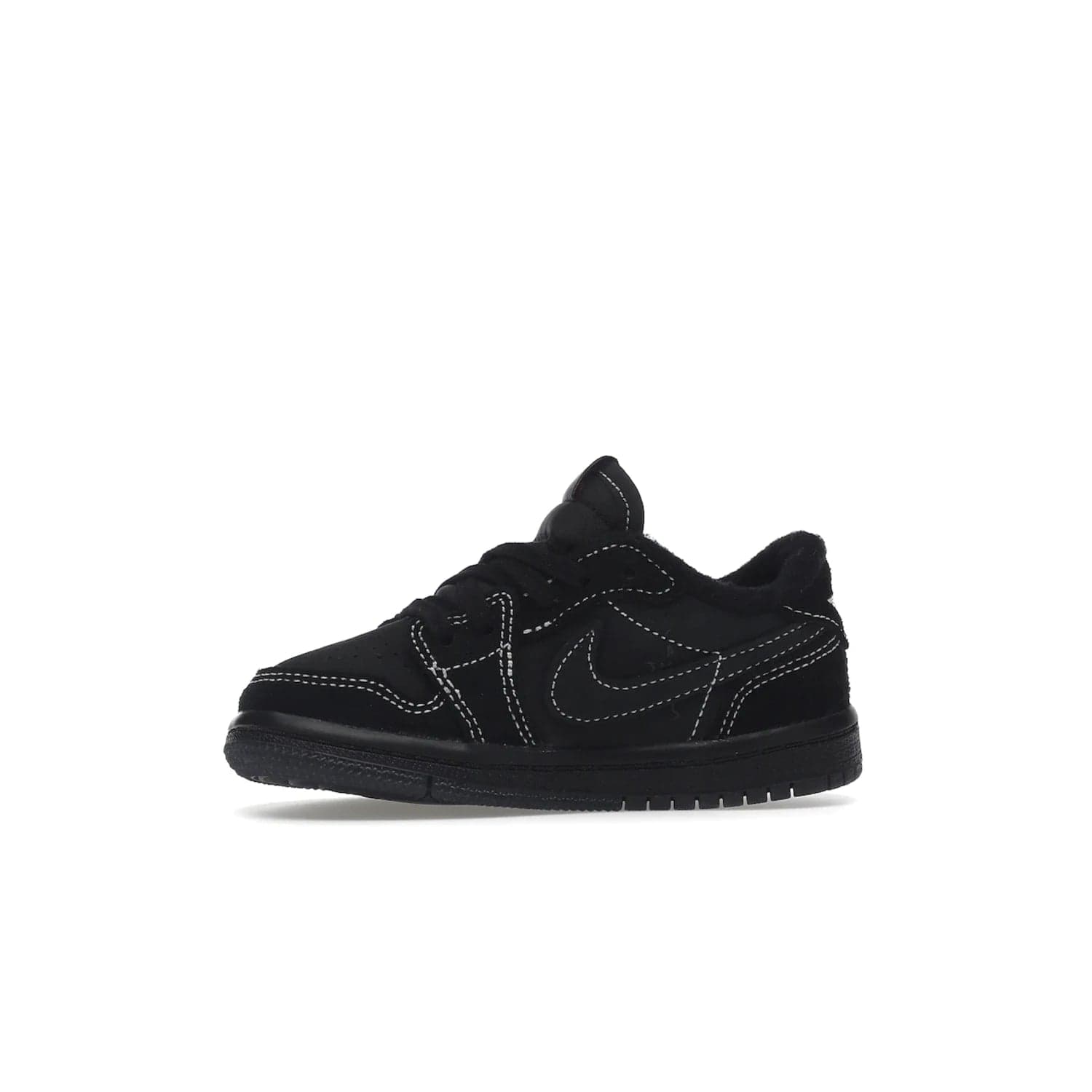 Jordan 1 Retro Low OG SP Travis Scott Black Phantom (TD) - Image 18 - Only at www.BallersClubKickz.com - Shop the Air Jordan I Retro Low OG SP "Travis Scott Black Phantom" TD. Bold black and phantom colorway crafted from nubuck and suede with white stitching. Cactus Jack and Wings branding. Release: Dec 15, 2022.