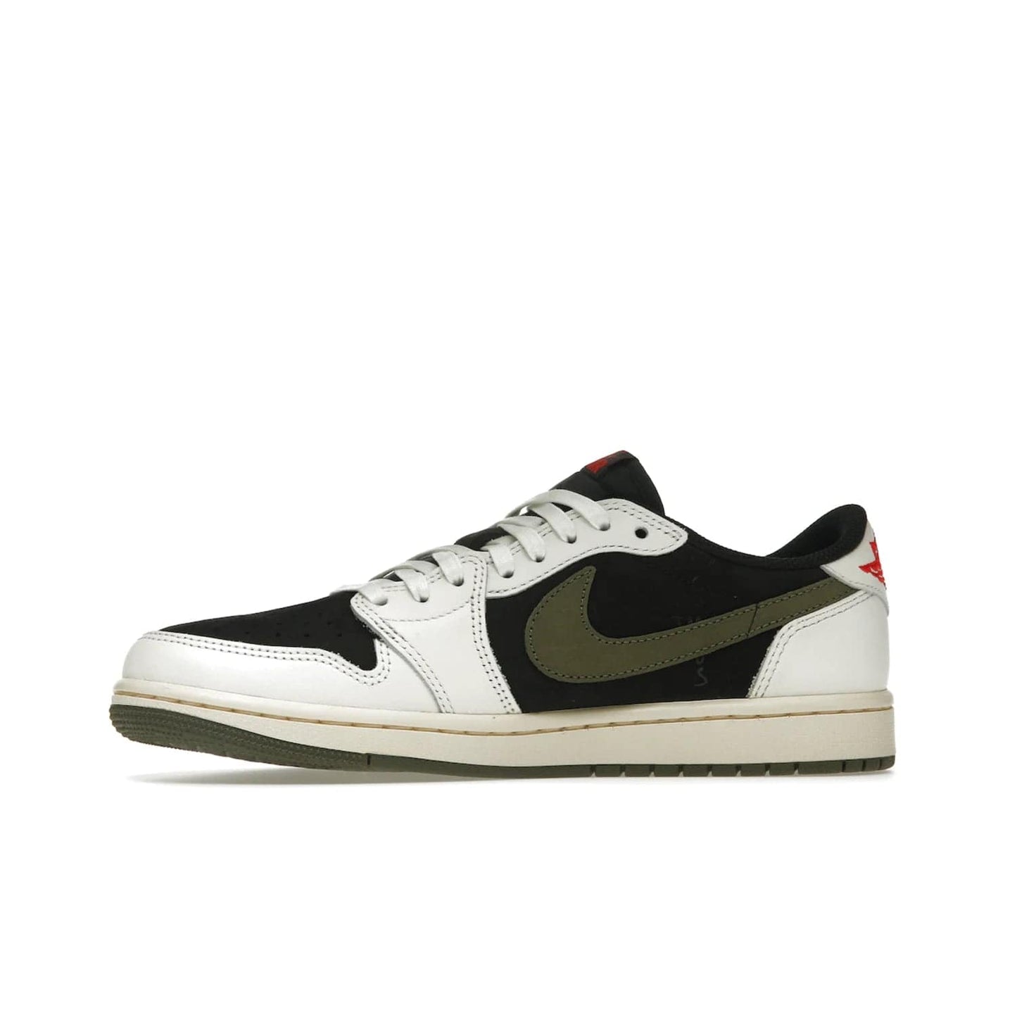 Jordan 1 Retro Low OG SP Travis Scott Olive (Women's) - Image 18 - Only at www.BallersClubKickz.com - Score style points with the Air Jordan 1 Retro Low OG SP Travis Scott Olive exclusively in womens sizing. White leather and black nubuck uppers, plus signature reverse style Nike Swoosh and aged midsole atop olive green outsole. Stand out with these stylish and eye-catching sneakers, dropping April 26, 2023.