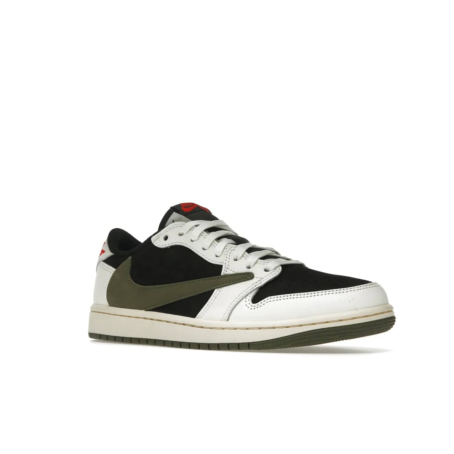 Jordan 1 Retro Low OG SP Travis Scott Olive (Women's) - Image 5 - Only at www.BallersClubKickz.com - Score style points with the Air Jordan 1 Retro Low OG SP Travis Scott Olive exclusively in womens sizing. White leather and black nubuck uppers, plus signature reverse style Nike Swoosh and aged midsole atop olive green outsole. Stand out with these stylish and eye-catching sneakers, dropping April 26, 2023.
