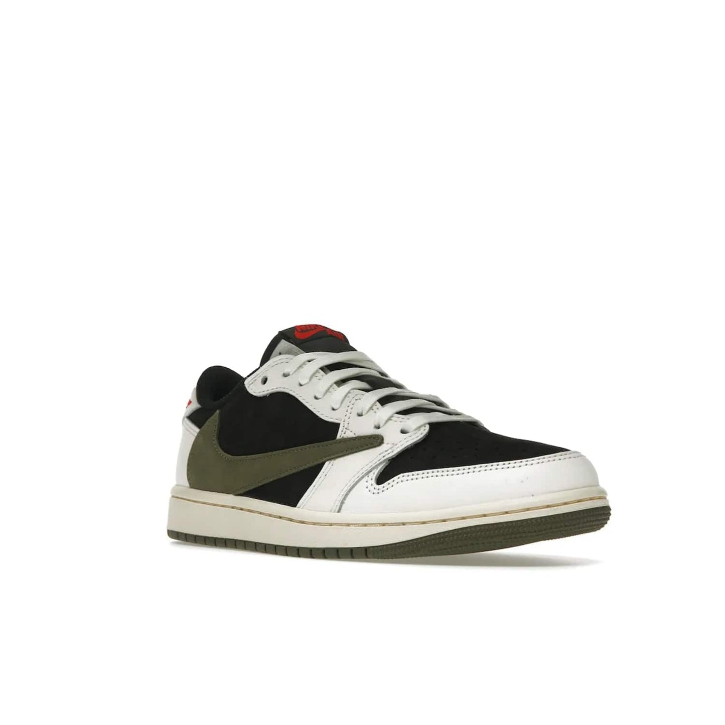 Jordan 1 Retro Low OG SP Travis Scott Olive (Women's) - Image 6 - Only at www.BallersClubKickz.com - Score style points with the Air Jordan 1 Retro Low OG SP Travis Scott Olive exclusively in womens sizing. White leather and black nubuck uppers, plus signature reverse style Nike Swoosh and aged midsole atop olive green outsole. Stand out with these stylish and eye-catching sneakers, dropping April 26, 2023.