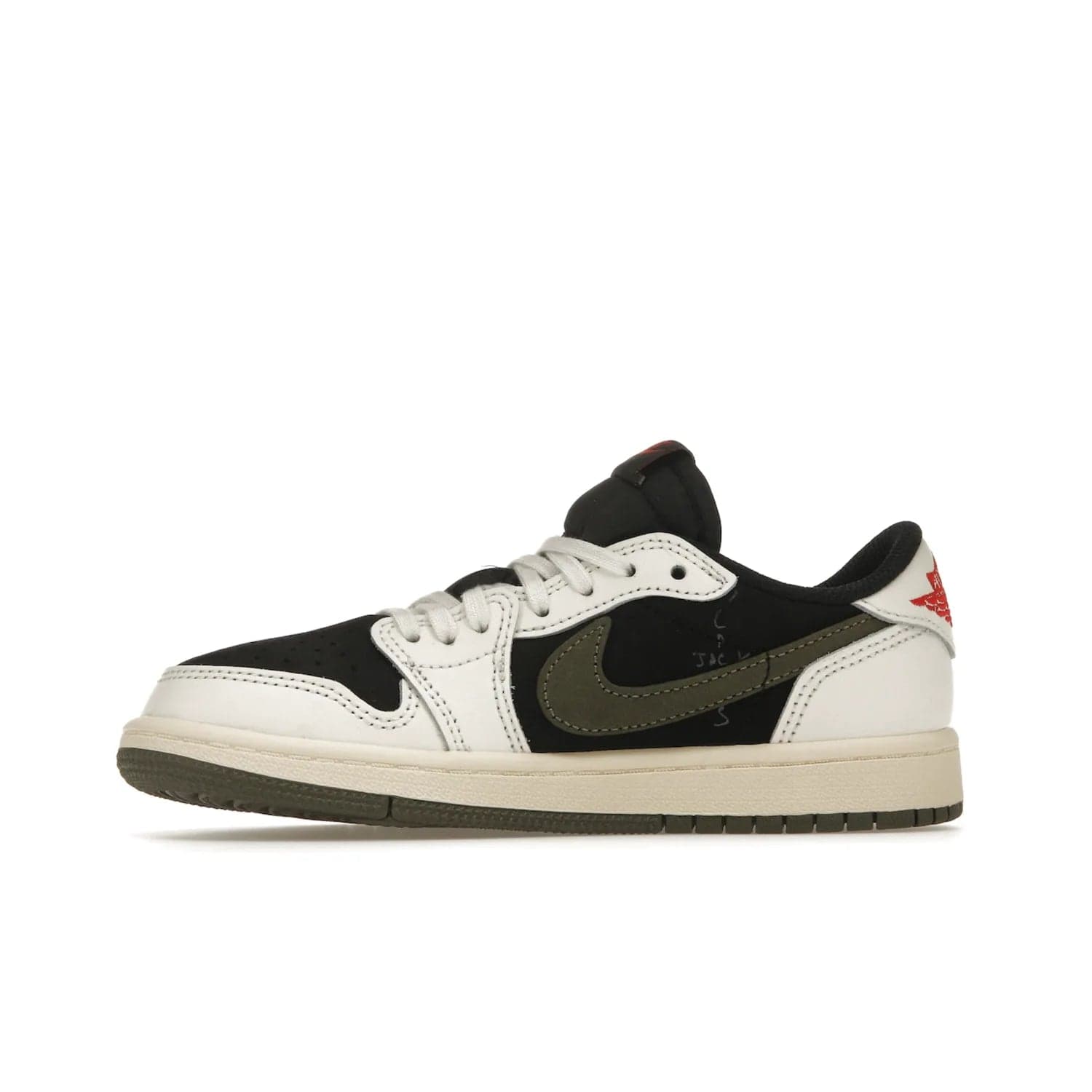 Jordan 1 Retro Low OG SP Travis Scott Olive (PS) - Image 18 - Only at www.BallersClubKickz.com - Jordan 1 Retro Low OG SP Travis Scott Olive: A Sail upper, Red and Black accents, and Olive midsole combine for a classic sneaker that is perfect for any style.