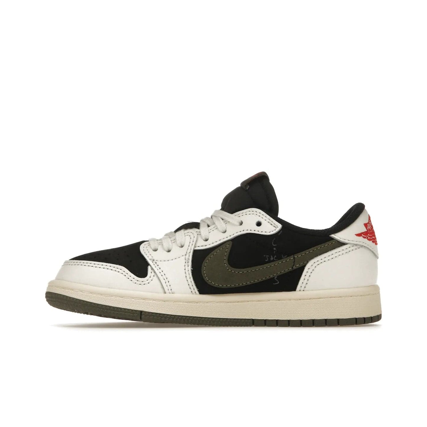 Jordan 1 Retro Low OG SP Travis Scott Olive (PS) - Image 19 - Only at www.BallersClubKickz.com - Jordan 1 Retro Low OG SP Travis Scott Olive: A Sail upper, Red and Black accents, and Olive midsole combine for a classic sneaker that is perfect for any style.