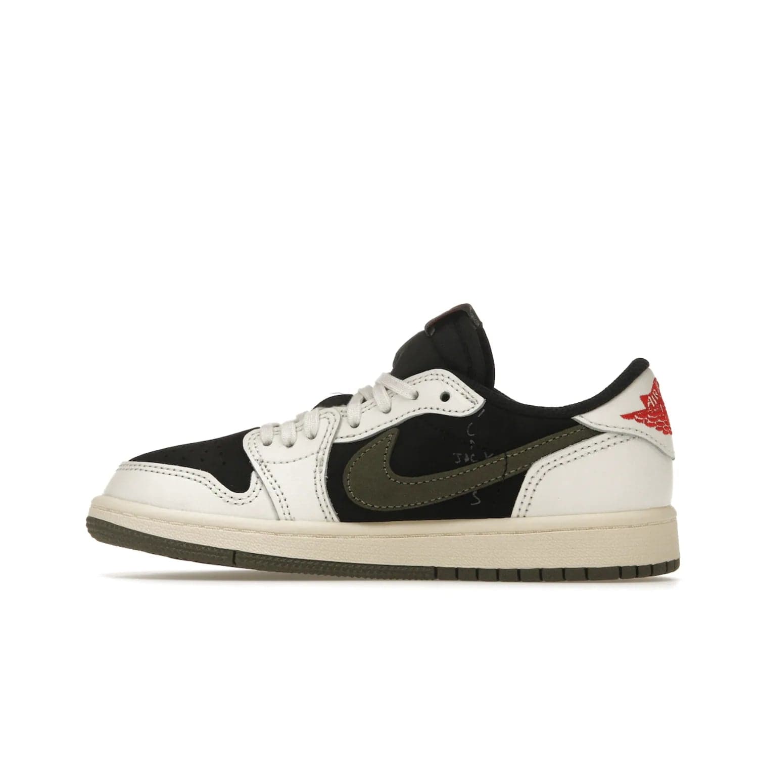 Jordan 1 Retro Low OG SP Travis Scott Olive (PS) - Image 20 - Only at www.BallersClubKickz.com - Jordan 1 Retro Low OG SP Travis Scott Olive: A Sail upper, Red and Black accents, and Olive midsole combine for a classic sneaker that is perfect for any style.