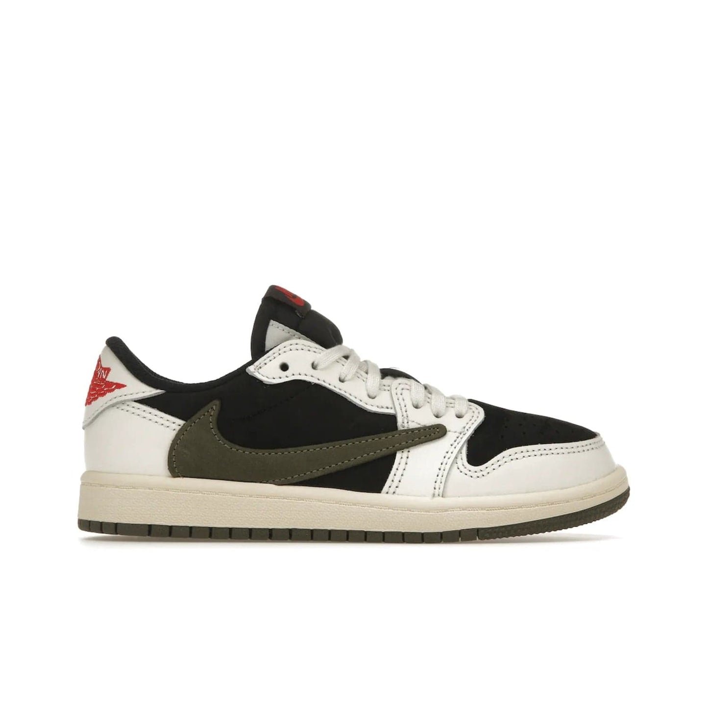 Jordan 1 Retro Low OG SP Travis Scott Olive (PS) - Image 1 - Only at www.BallersClubKickz.com - Jordan 1 Retro Low OG SP Travis Scott Olive: A Sail upper, Red and Black accents, and Olive midsole combine for a classic sneaker that is perfect for any style.