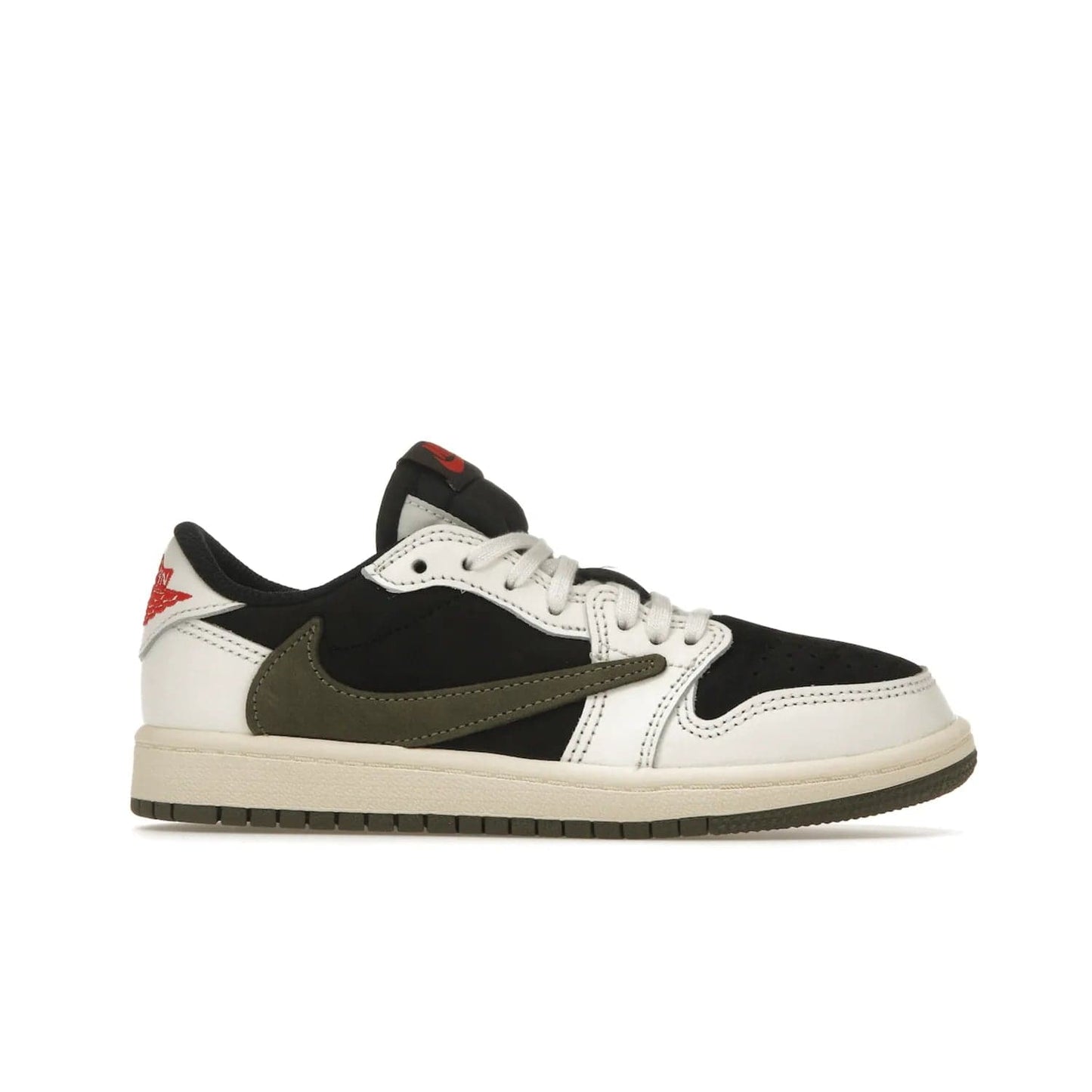 Jordan 1 Retro Low OG SP Travis Scott Olive (PS) - Image 2 - Only at www.BallersClubKickz.com - Jordan 1 Retro Low OG SP Travis Scott Olive: A Sail upper, Red and Black accents, and Olive midsole combine for a classic sneaker that is perfect for any style.