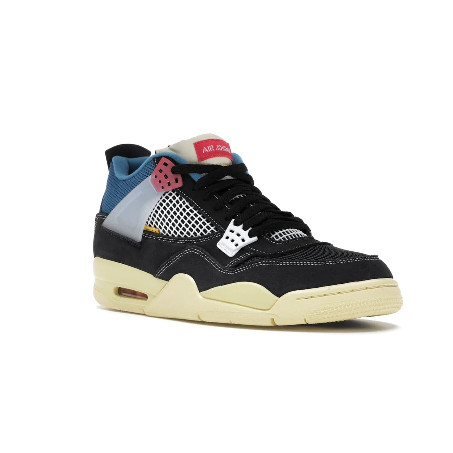 Jordan 4 Retro Union Off Noir - Image 5 - Only at www.BallersClubKickz.com - Introducing the Air Jordan 4 Retro Union LA Off Noir: a stylish collab featuring unique black, white, blue and light fusion red. Features mesh, suede and nylon materials, Nike Air heel & wings finished with infrared accents. Get yours in August 2020 and take pride of place in any rotation.