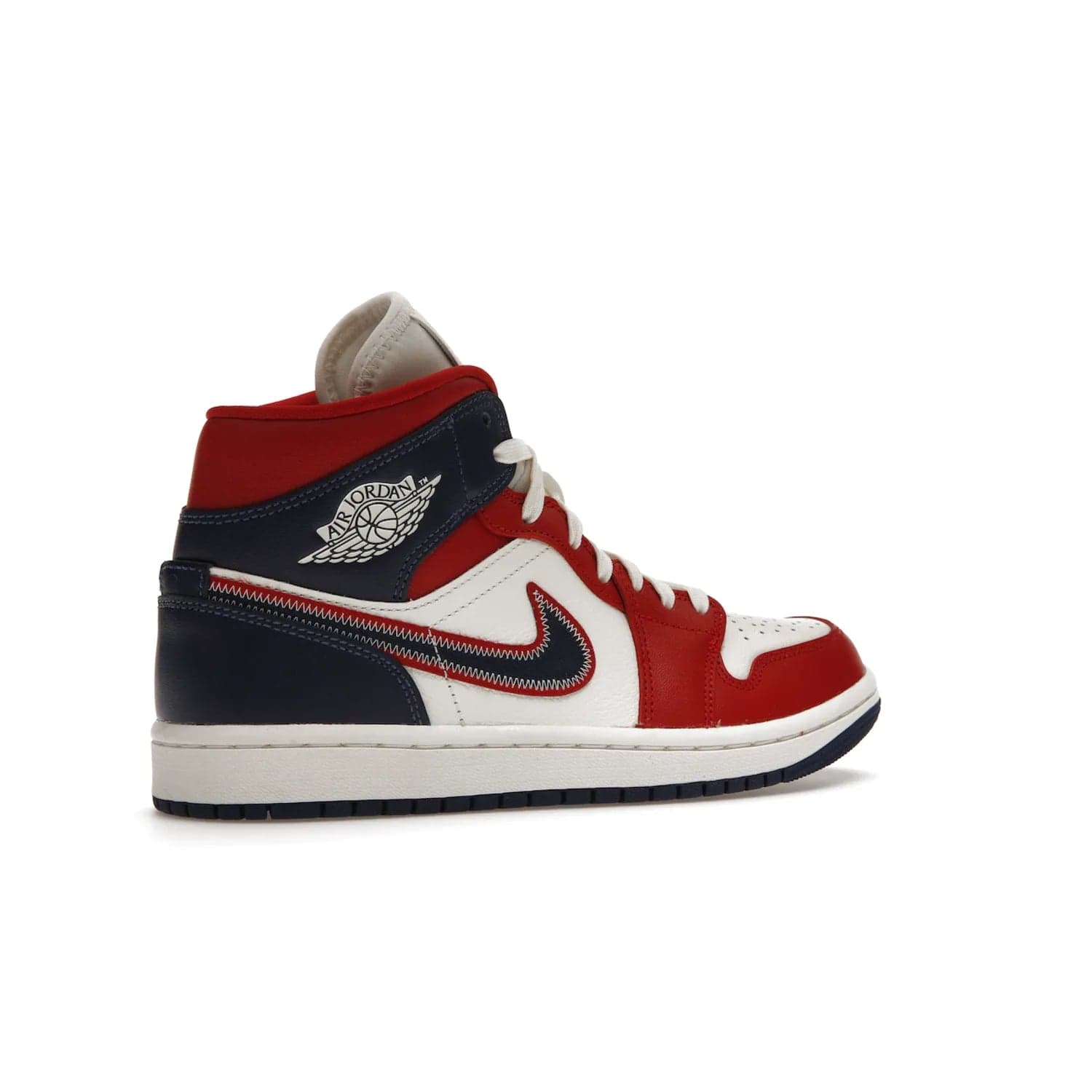 Jordan 1 Mid USA (2022) (Women's) - Image 34 - Only at www.BallersClubKickz.com - A bold mosaic of bright red and navy. Step up your game with the Jordan 1 Mid. Showcase the iconic "Wings" logo, classic Jumpman midsole, and go for the gold!
