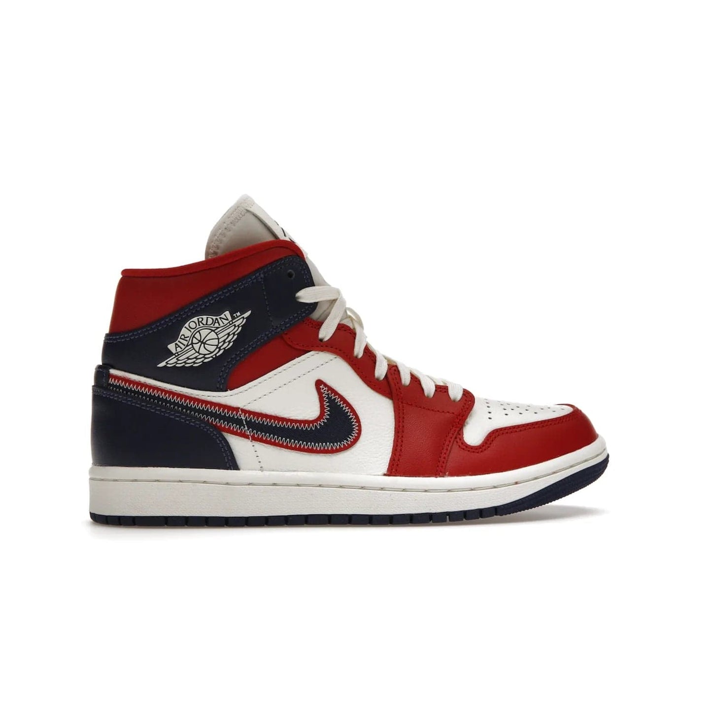 Jordan 1 Mid USA (2022) (Women's) - Image 36 - Only at www.BallersClubKickz.com - A bold mosaic of bright red and navy. Step up your game with the Jordan 1 Mid. Showcase the iconic "Wings" logo, classic Jumpman midsole, and go for the gold!