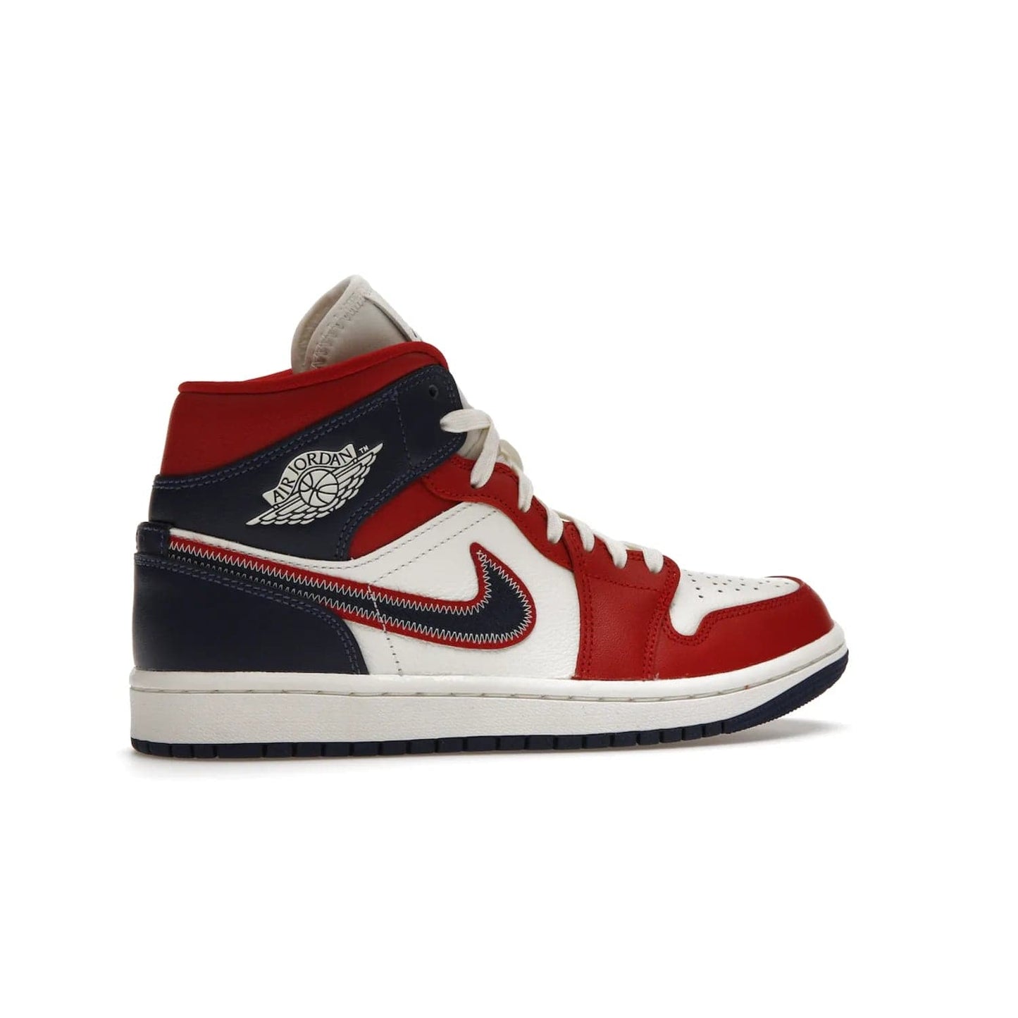 Jordan 1 Mid USA (2022) (Women's) - Image 35 - Only at www.BallersClubKickz.com - A bold mosaic of bright red and navy. Step up your game with the Jordan 1 Mid. Showcase the iconic "Wings" logo, classic Jumpman midsole, and go for the gold!