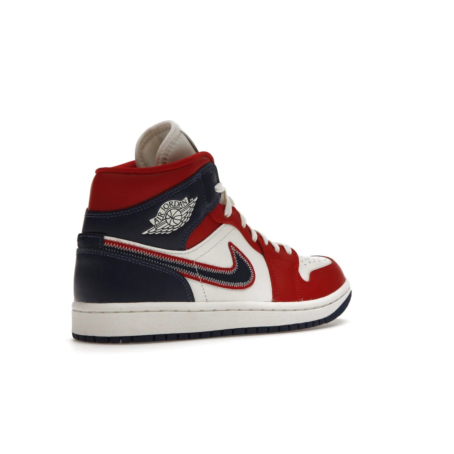 Jordan 1 Mid USA (2022) (Women's) - Image 33 - Only at www.BallersClubKickz.com - A bold mosaic of bright red and navy. Step up your game with the Jordan 1 Mid. Showcase the iconic "Wings" logo, classic Jumpman midsole, and go for the gold!