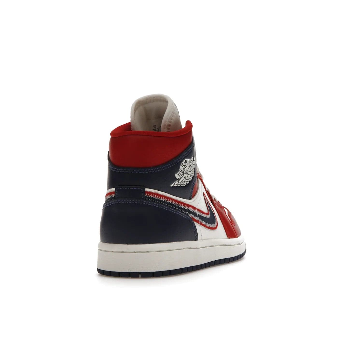 Jordan 1 Mid USA (2022) (Women's) - Image 30 - Only at www.BallersClubKickz.com - A bold mosaic of bright red and navy. Step up your game with the Jordan 1 Mid. Showcase the iconic "Wings" logo, classic Jumpman midsole, and go for the gold!