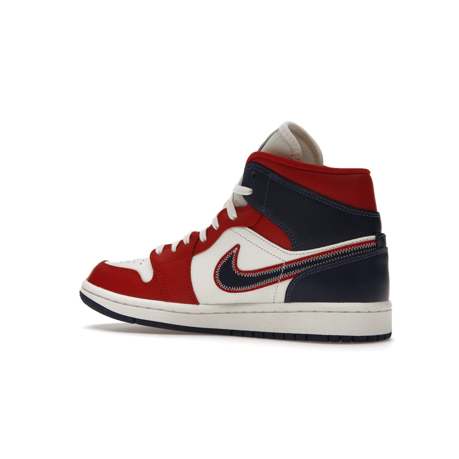 Jordan 1 Mid USA (2022) (Women's) - Image 22 - Only at www.BallersClubKickz.com - A bold mosaic of bright red and navy. Step up your game with the Jordan 1 Mid. Showcase the iconic "Wings" logo, classic Jumpman midsole, and go for the gold!