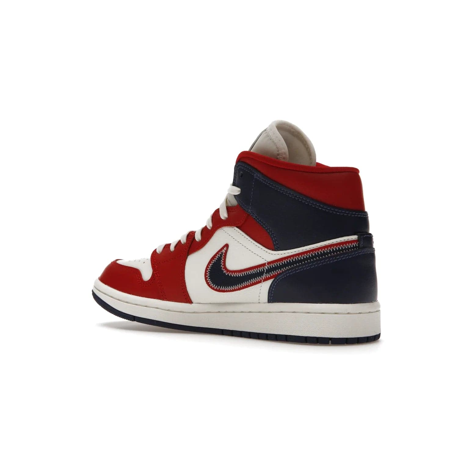 Jordan 1 Mid USA (2022) (Women's) - Image 23 - Only at www.BallersClubKickz.com - A bold mosaic of bright red and navy. Step up your game with the Jordan 1 Mid. Showcase the iconic "Wings" logo, classic Jumpman midsole, and go for the gold!