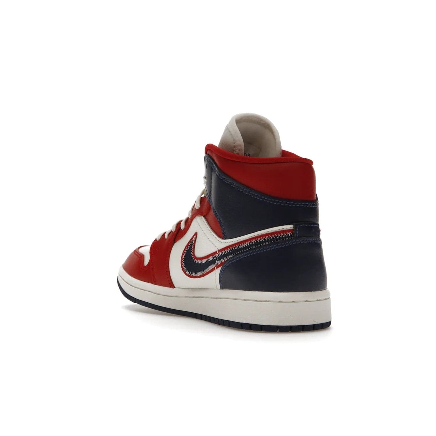Jordan 1 Mid USA (2022) (Women's) - Image 25 - Only at www.BallersClubKickz.com - A bold mosaic of bright red and navy. Step up your game with the Jordan 1 Mid. Showcase the iconic "Wings" logo, classic Jumpman midsole, and go for the gold!