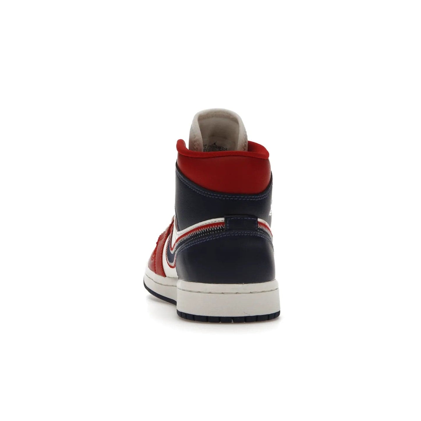 Jordan 1 Mid USA (2022) (Women's) - Image 27 - Only at www.BallersClubKickz.com - A bold mosaic of bright red and navy. Step up your game with the Jordan 1 Mid. Showcase the iconic "Wings" logo, classic Jumpman midsole, and go for the gold!