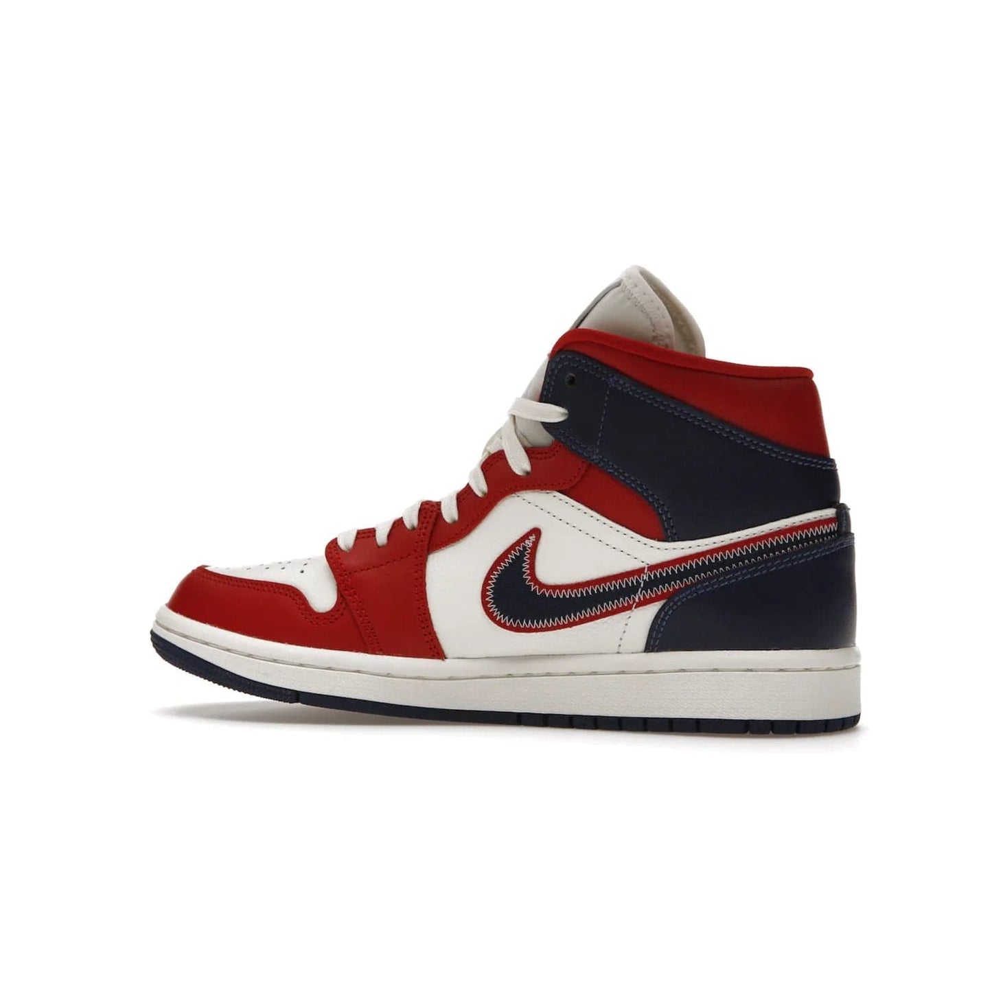 Jordan 1 Mid USA (2022) (Women's) - Image 21 - Only at www.BallersClubKickz.com - A bold mosaic of bright red and navy. Step up your game with the Jordan 1 Mid. Showcase the iconic "Wings" logo, classic Jumpman midsole, and go for the gold!