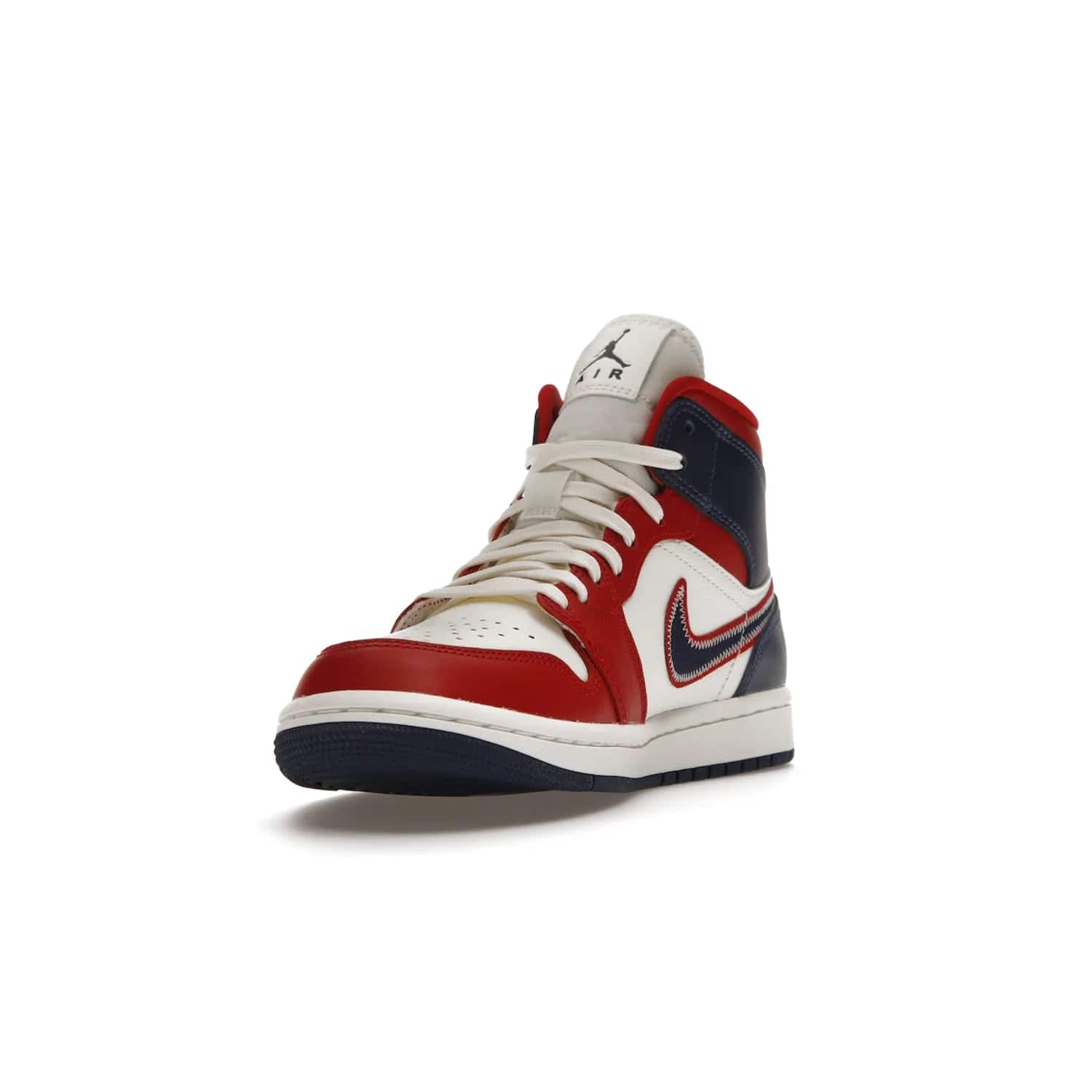 Jordan 1 Mid USA (2022) (Women's) - Image 13 - Only at www.BallersClubKickz.com - A bold mosaic of bright red and navy. Step up your game with the Jordan 1 Mid. Showcase the iconic "Wings" logo, classic Jumpman midsole, and go for the gold!