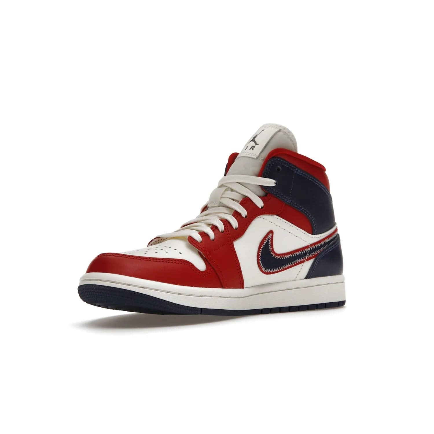 Jordan 1 Mid USA (2022) (Women's) - Image 15 - Only at www.BallersClubKickz.com - A bold mosaic of bright red and navy. Step up your game with the Jordan 1 Mid. Showcase the iconic "Wings" logo, classic Jumpman midsole, and go for the gold!