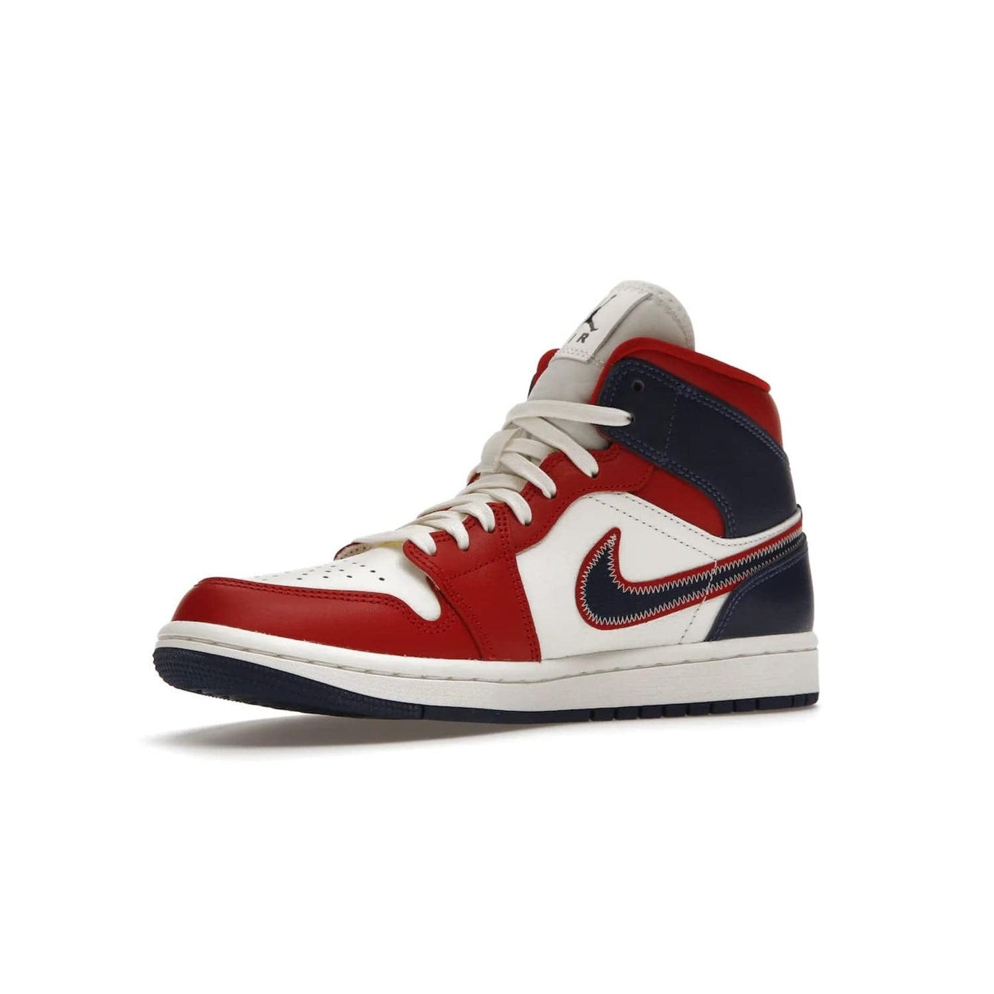 Jordan 1 Mid USA (2022) (Women's) - Image 16 - Only at www.BallersClubKickz.com - A bold mosaic of bright red and navy. Step up your game with the Jordan 1 Mid. Showcase the iconic "Wings" logo, classic Jumpman midsole, and go for the gold!