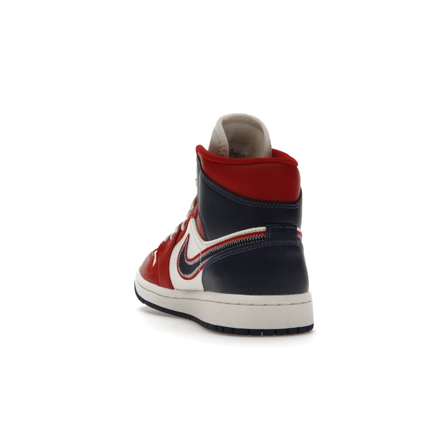 Jordan 1 Mid USA (2022) (Women's) - Image 26 - Only at www.BallersClubKickz.com - A bold mosaic of bright red and navy. Step up your game with the Jordan 1 Mid. Showcase the iconic "Wings" logo, classic Jumpman midsole, and go for the gold!