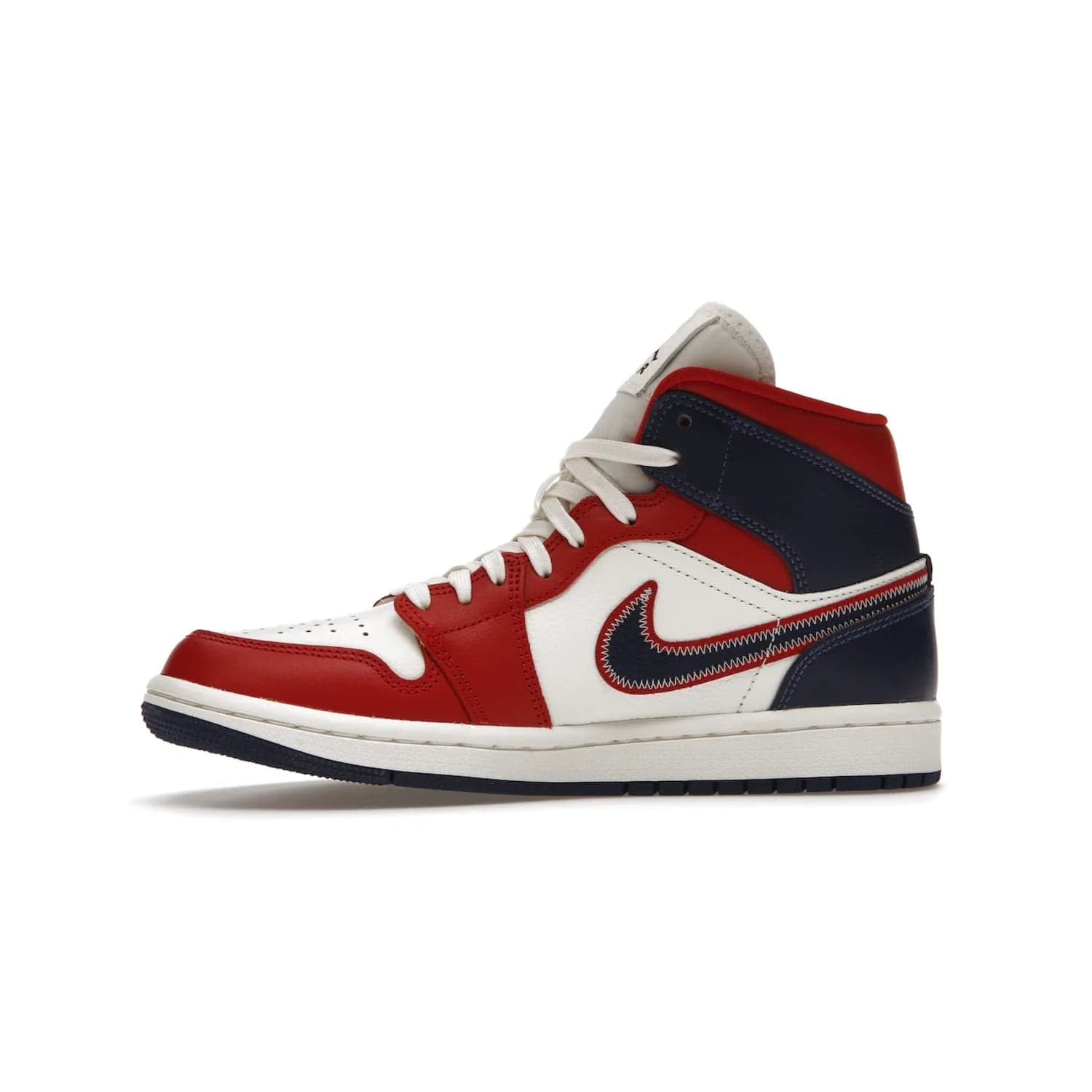 Jordan 1 Mid USA (2022) (Women's) - Image 18 - Only at www.BallersClubKickz.com - A bold mosaic of bright red and navy. Step up your game with the Jordan 1 Mid. Showcase the iconic "Wings" logo, classic Jumpman midsole, and go for the gold!