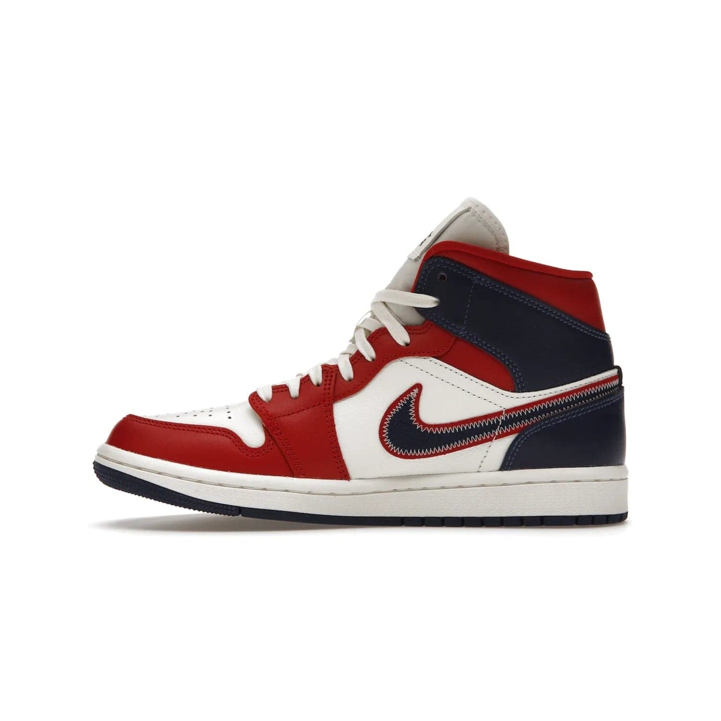 Jordan 1 Mid USA (2022) (Women's) - Image 19 - Only at www.BallersClubKickz.com - A bold mosaic of bright red and navy. Step up your game with the Jordan 1 Mid. Showcase the iconic "Wings" logo, classic Jumpman midsole, and go for the gold!