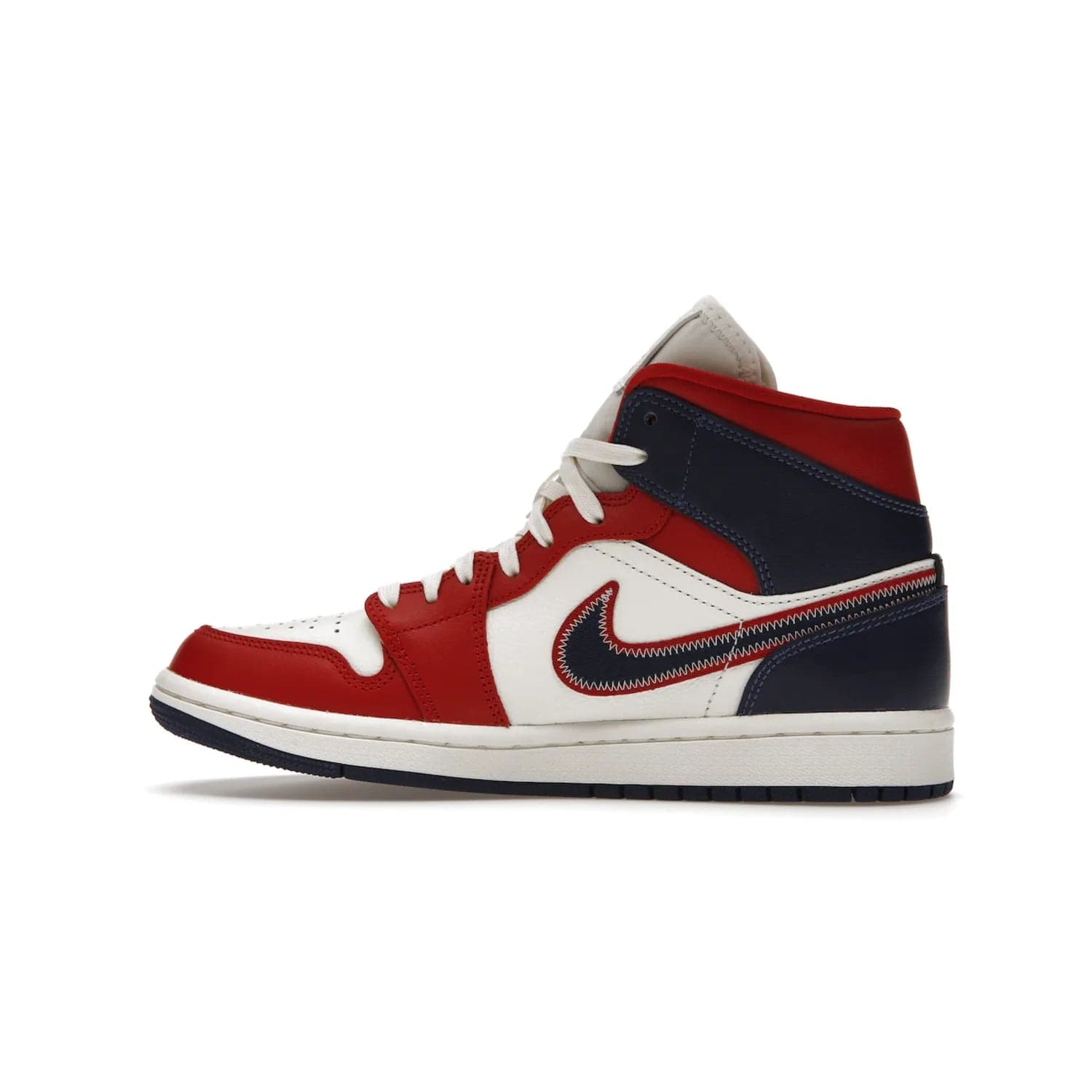 Jordan 1 Mid USA (2022) (Women's) - Image 20 - Only at www.BallersClubKickz.com - A bold mosaic of bright red and navy. Step up your game with the Jordan 1 Mid. Showcase the iconic "Wings" logo, classic Jumpman midsole, and go for the gold!