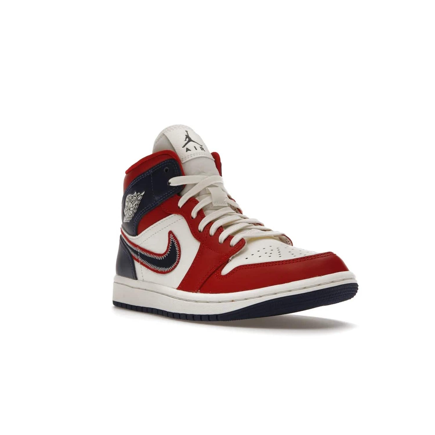 Jordan 1 Mid USA (2022) (Women's) - Image 6 - Only at www.BallersClubKickz.com - A bold mosaic of bright red and navy. Step up your game with the Jordan 1 Mid. Showcase the iconic "Wings" logo, classic Jumpman midsole, and go for the gold!