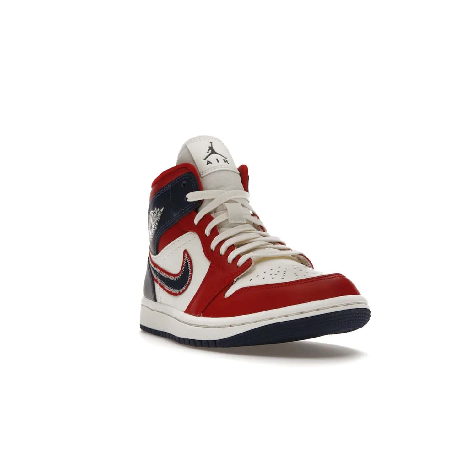 Jordan 1 Mid USA (2022) (Women's) - Image 7 - Only at www.BallersClubKickz.com - A bold mosaic of bright red and navy. Step up your game with the Jordan 1 Mid. Showcase the iconic "Wings" logo, classic Jumpman midsole, and go for the gold!