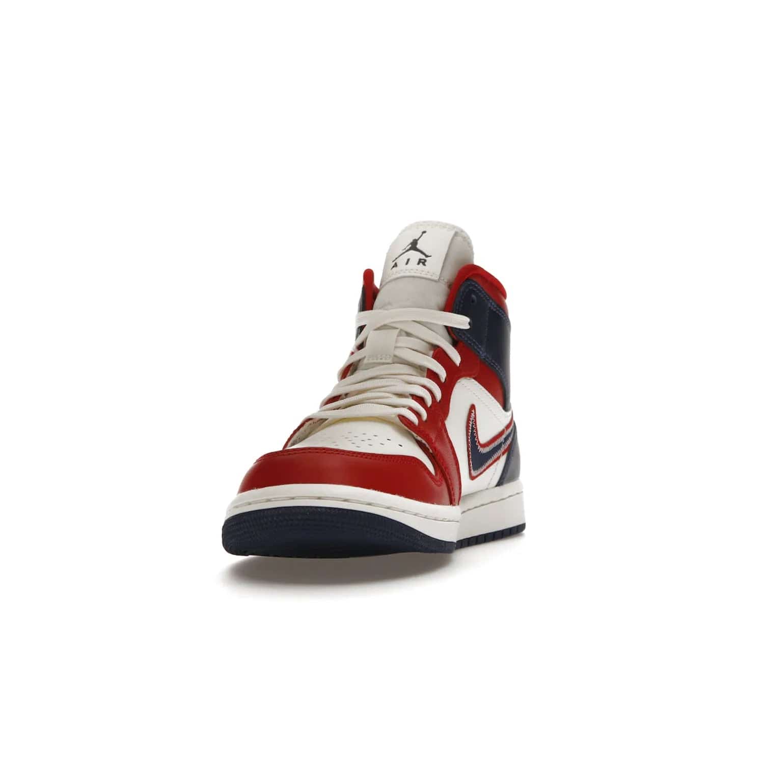 Jordan 1 Mid USA (2022) (Women's) - Image 12 - Only at www.BallersClubKickz.com - A bold mosaic of bright red and navy. Step up your game with the Jordan 1 Mid. Showcase the iconic "Wings" logo, classic Jumpman midsole, and go for the gold!