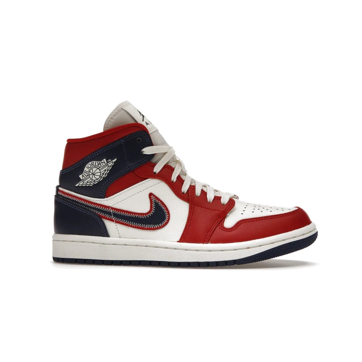 Jordan 1 Mid USA (2022) (Women's) - Image 2 - Only at www.BallersClubKickz.com - A bold mosaic of bright red and navy. Step up your game with the Jordan 1 Mid. Showcase the iconic "Wings" logo, classic Jumpman midsole, and go for the gold!
