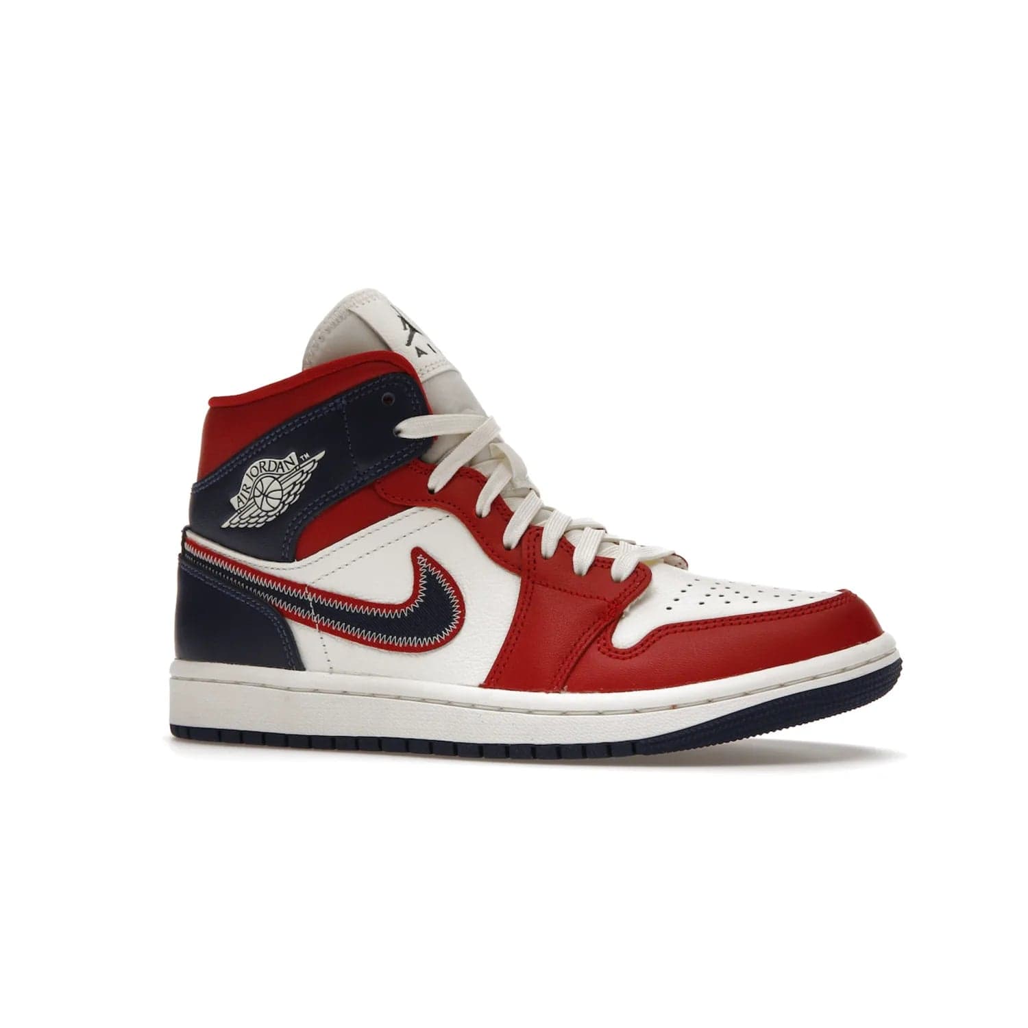 Jordan 1 Mid USA (2022) (Women's) - Image 3 - Only at www.BallersClubKickz.com - A bold mosaic of bright red and navy. Step up your game with the Jordan 1 Mid. Showcase the iconic "Wings" logo, classic Jumpman midsole, and go for the gold!