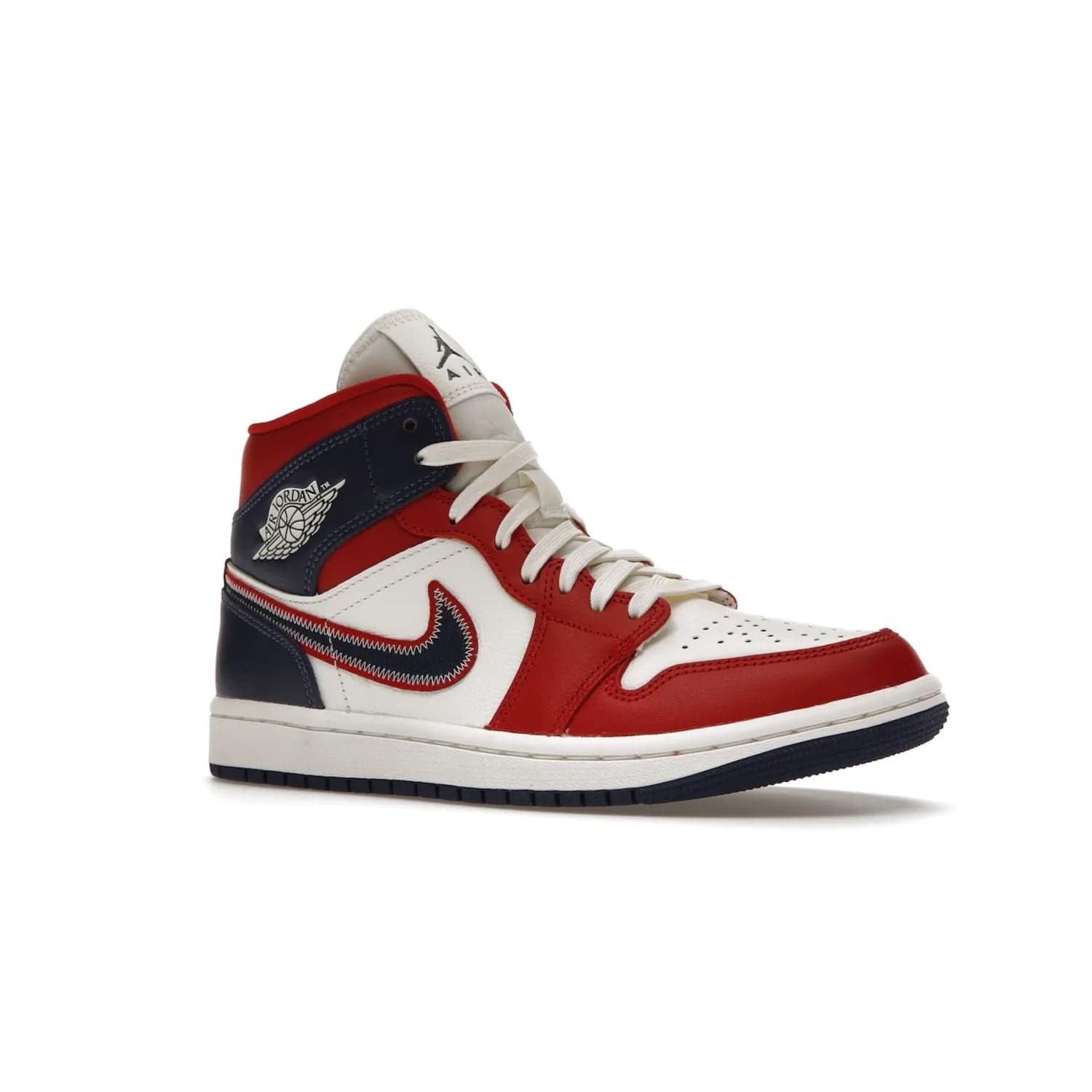 Jordan 1 Mid USA (2022) (Women's) - Image 4 - Only at www.BallersClubKickz.com - A bold mosaic of bright red and navy. Step up your game with the Jordan 1 Mid. Showcase the iconic "Wings" logo, classic Jumpman midsole, and go for the gold!