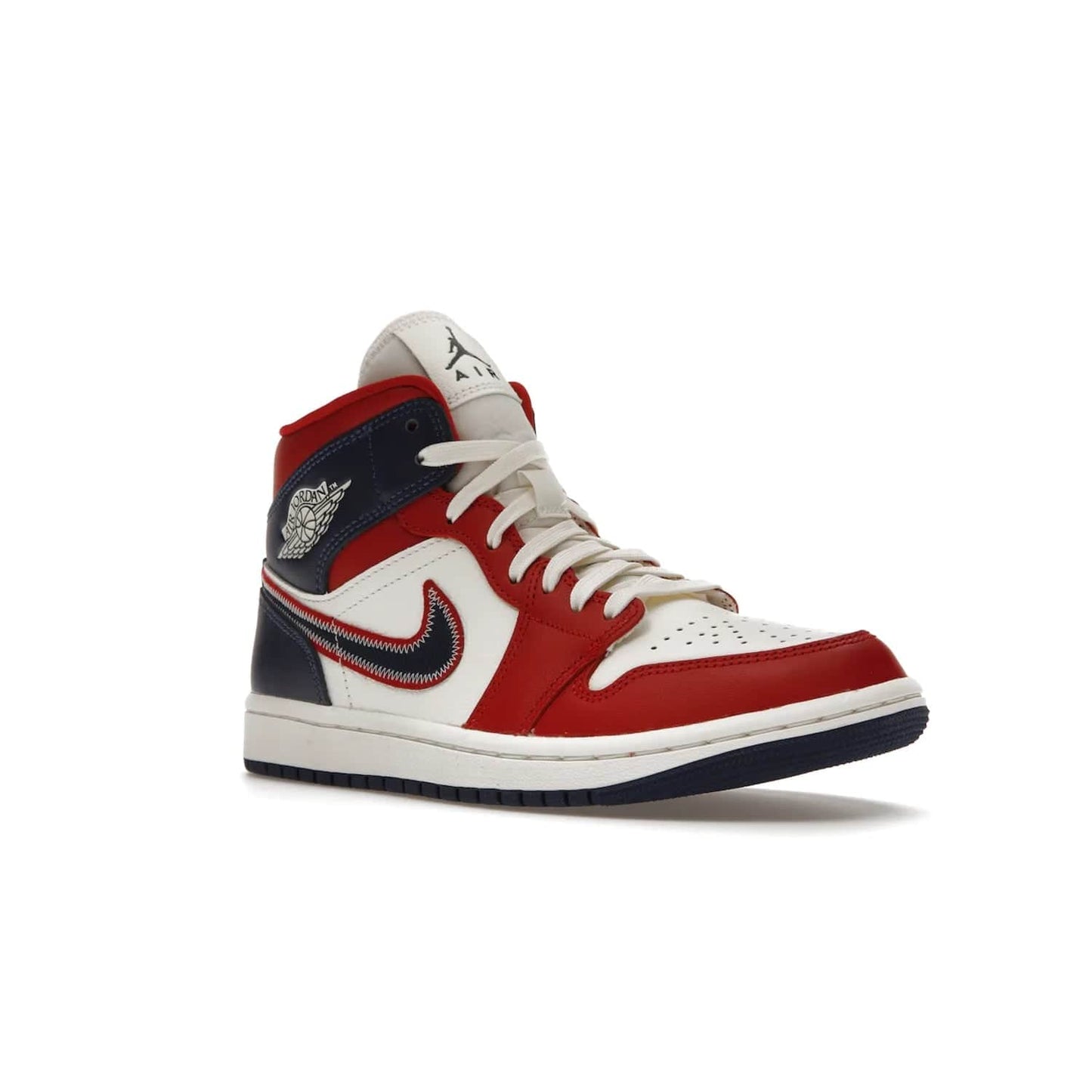 Jordan 1 Mid USA (2022) (Women's) - Image 5 - Only at www.BallersClubKickz.com - A bold mosaic of bright red and navy. Step up your game with the Jordan 1 Mid. Showcase the iconic "Wings" logo, classic Jumpman midsole, and go for the gold!