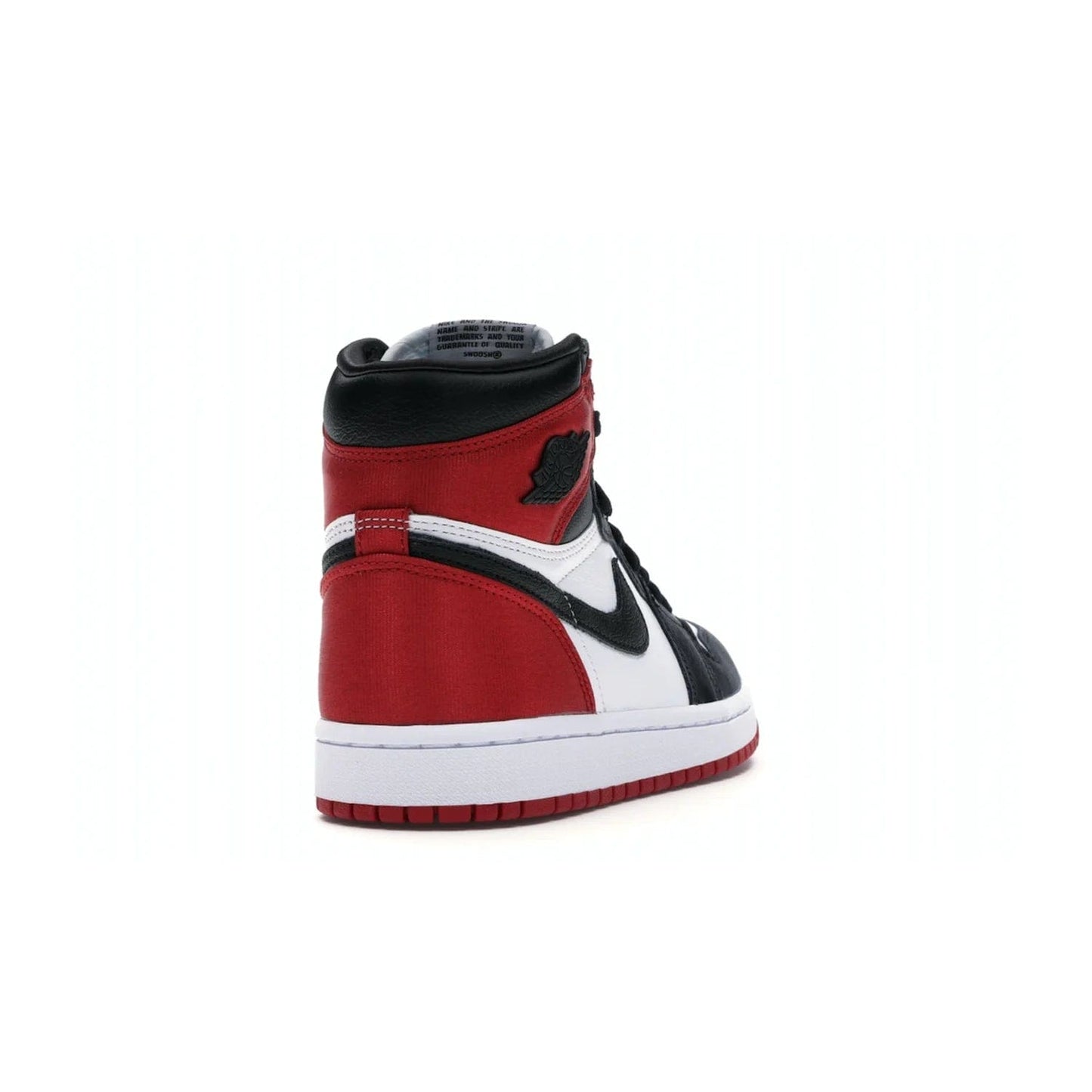 Jordan 1 Retro High Satin Black Toe (Women's) - Image 30 - Only at www.BallersClubKickz.com - Luxurious take on the timeless Air Jordan 1. Features a mix of black leather and satin materials with subtle University Red accents. Elevated look with metal Wings logo on the heel. Released in August 2019.