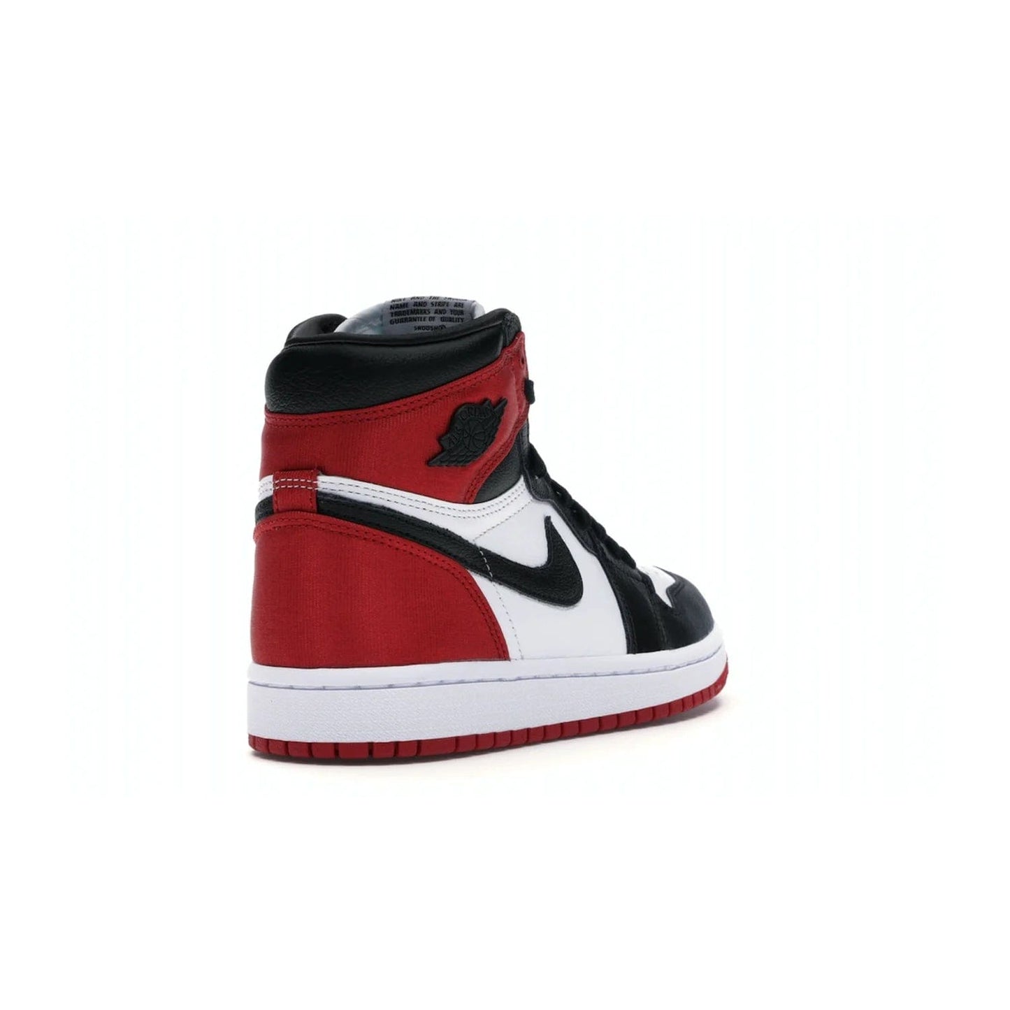 Jordan 1 Retro High Satin Black Toe (Women's) - Image 31 - Only at www.BallersClubKickz.com - Luxurious take on the timeless Air Jordan 1. Features a mix of black leather and satin materials with subtle University Red accents. Elevated look with metal Wings logo on the heel. Released in August 2019.