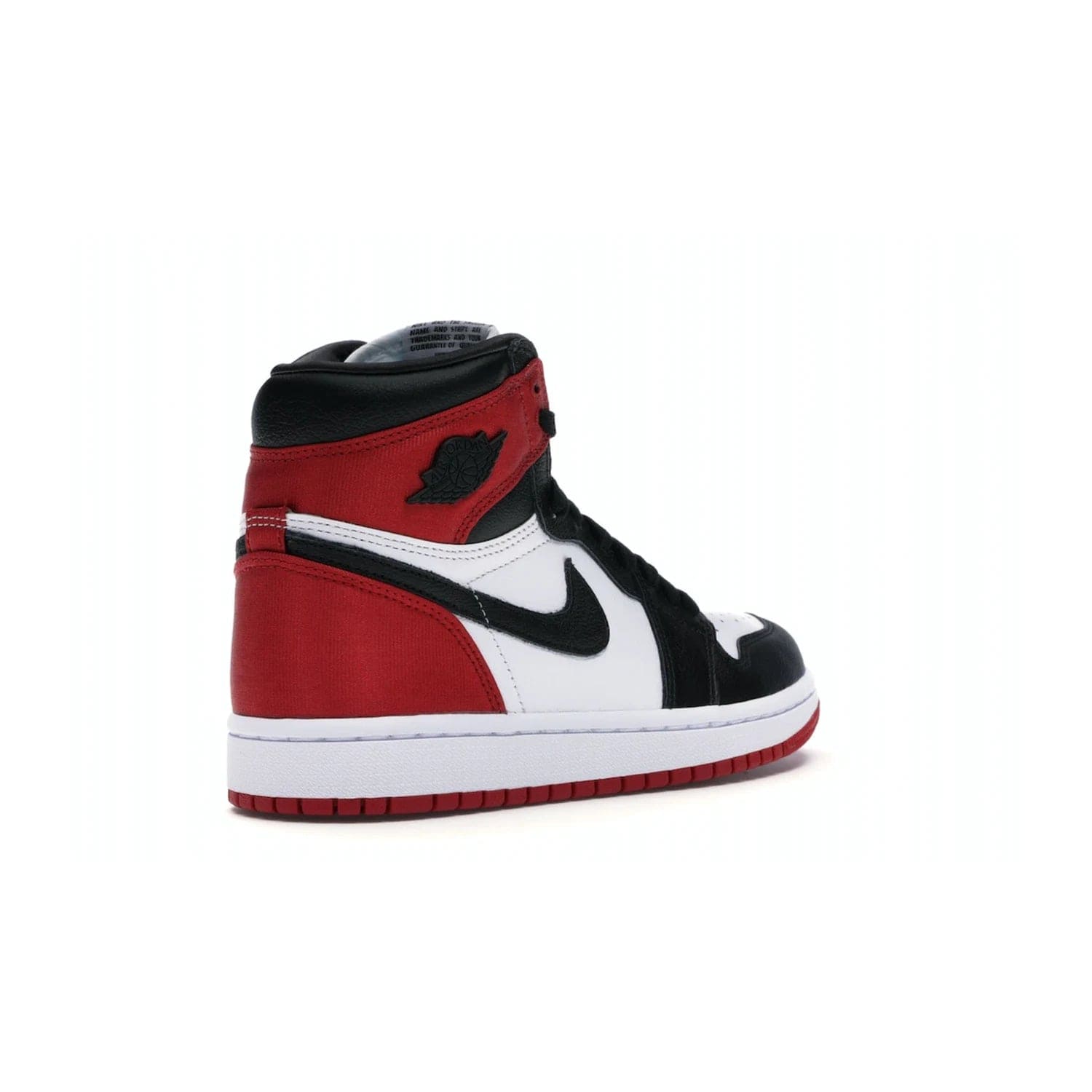 Jordan 1 Retro High Satin Black Toe (Women's) - Image 32 - Only at www.BallersClubKickz.com - Luxurious take on the timeless Air Jordan 1. Features a mix of black leather and satin materials with subtle University Red accents. Elevated look with metal Wings logo on the heel. Released in August 2019.