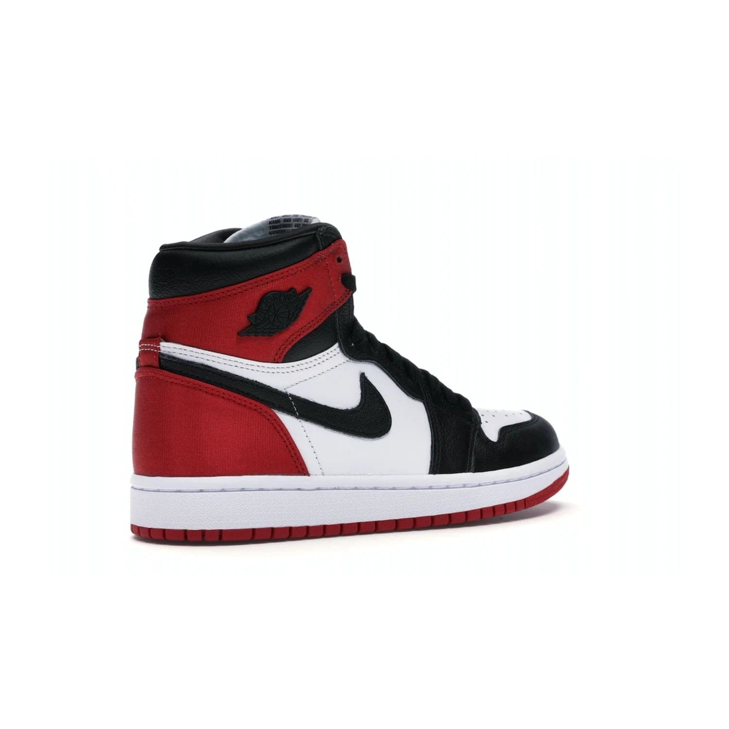 Jordan 1 Retro High Satin Black Toe (Women's) - Image 33 - Only at www.BallersClubKickz.com - Luxurious take on the timeless Air Jordan 1. Features a mix of black leather and satin materials with subtle University Red accents. Elevated look with metal Wings logo on the heel. Released in August 2019.