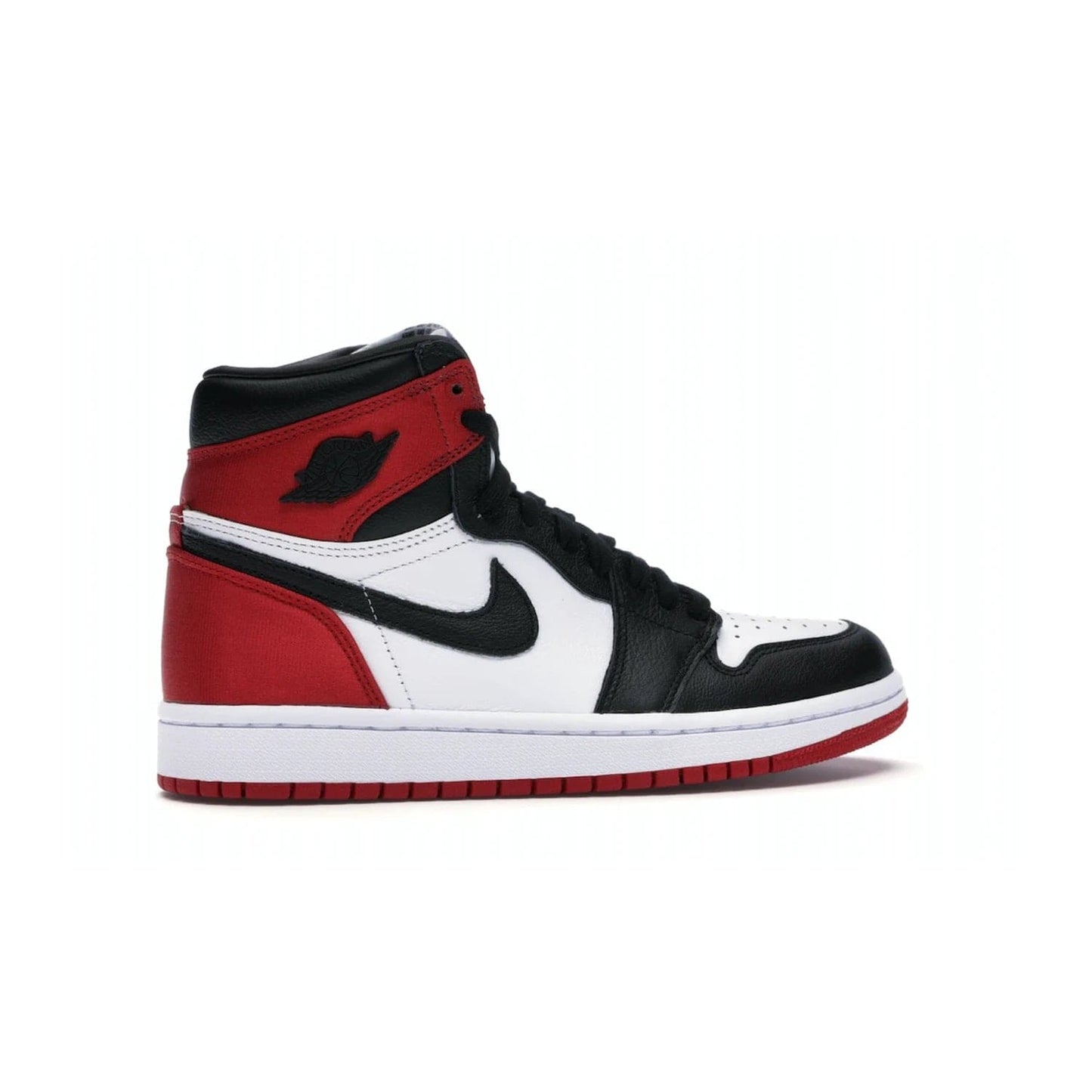Jordan 1 Retro High Satin Black Toe (Women's) - Image 35 - Only at www.BallersClubKickz.com - Luxurious take on the timeless Air Jordan 1. Features a mix of black leather and satin materials with subtle University Red accents. Elevated look with metal Wings logo on the heel. Released in August 2019.