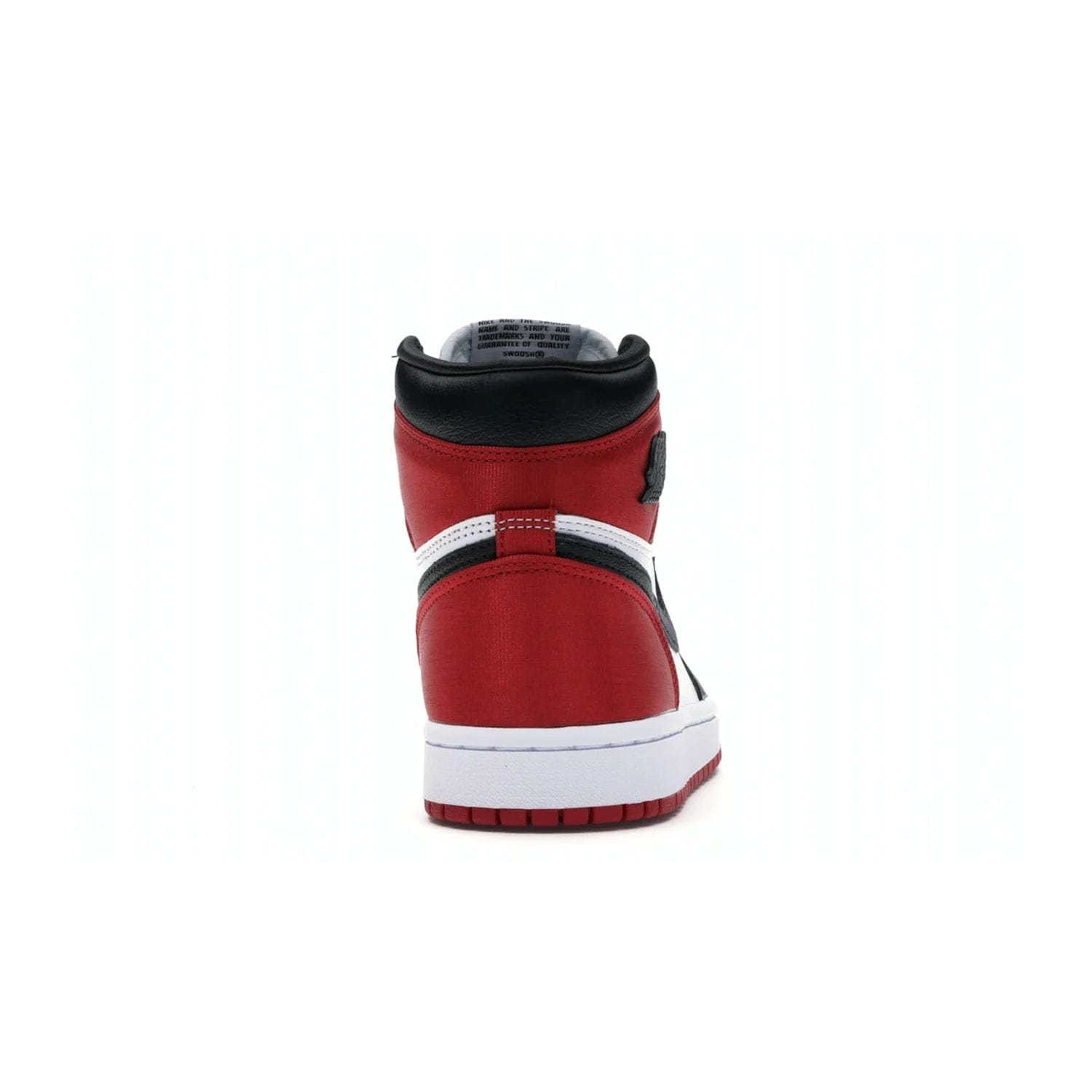 Jordan 1 Retro High Satin Black Toe (Women's) - Image 28 - Only at www.BallersClubKickz.com - Luxurious take on the timeless Air Jordan 1. Features a mix of black leather and satin materials with subtle University Red accents. Elevated look with metal Wings logo on the heel. Released in August 2019.