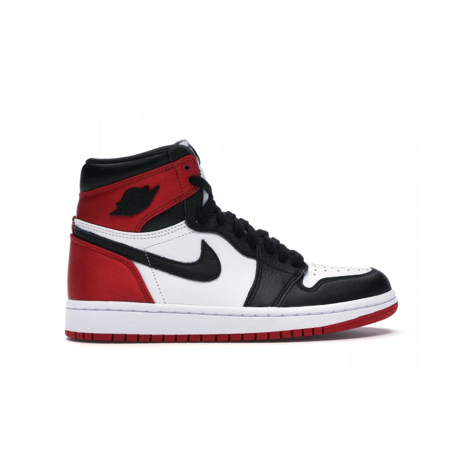 Jordan 1 Retro High Satin Black Toe (Women's) - Image 36 - Only at www.BallersClubKickz.com - Luxurious take on the timeless Air Jordan 1. Features a mix of black leather and satin materials with subtle University Red accents. Elevated look with metal Wings logo on the heel. Released in August 2019.