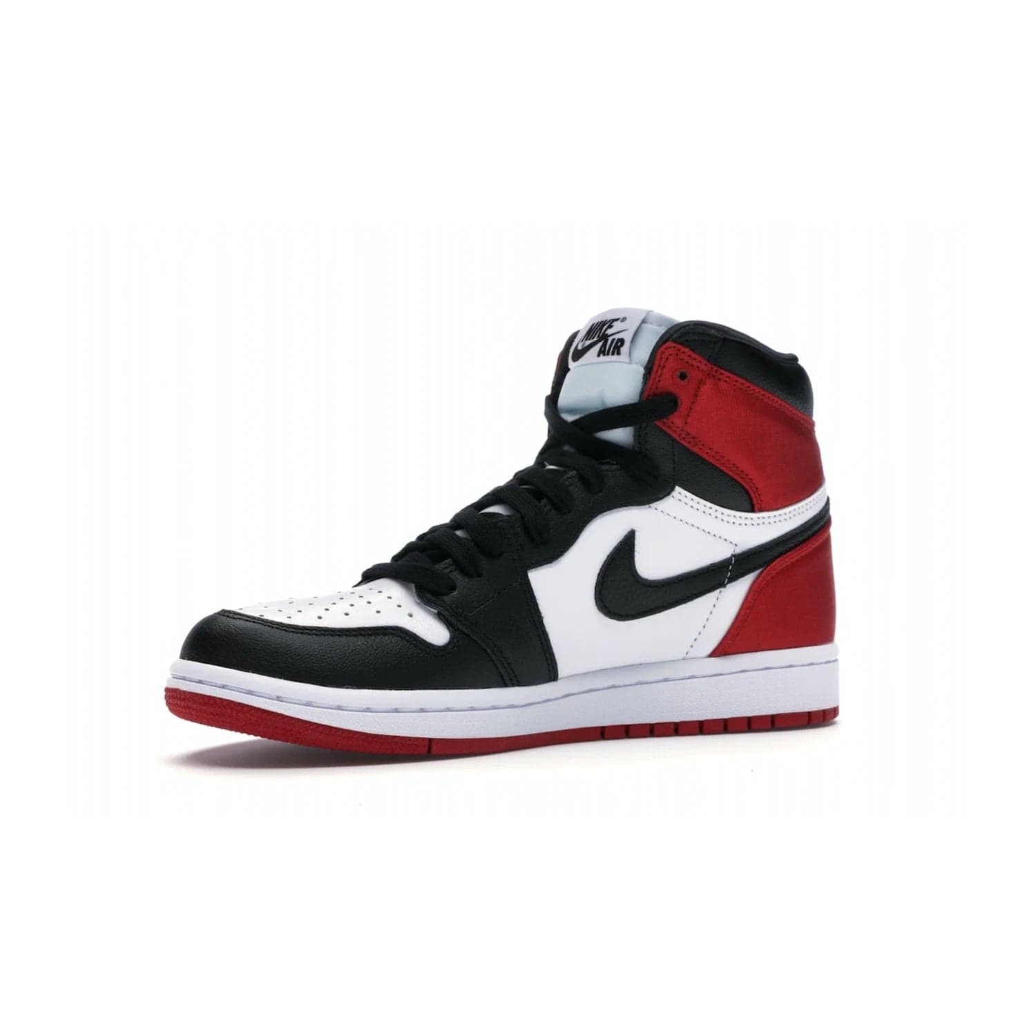 Jordan 1 Retro High Satin Black Toe (Women's) - Image 16 - Only at www.BallersClubKickz.com - Luxurious take on the timeless Air Jordan 1. Features a mix of black leather and satin materials with subtle University Red accents. Elevated look with metal Wings logo on the heel. Released in August 2019.