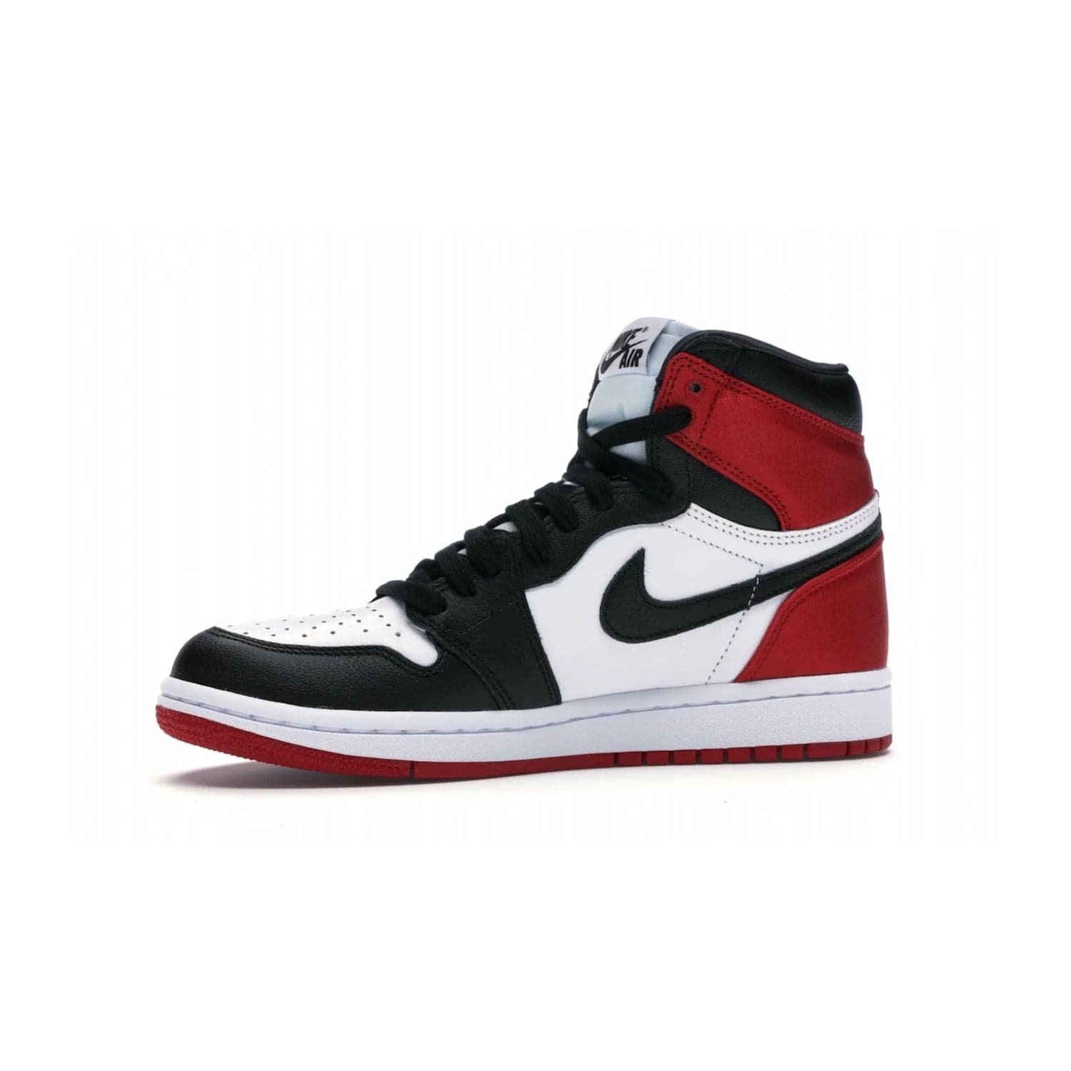 Jordan 1 Retro High Satin Black Toe (Women's) - Image 17 - Only at www.BallersClubKickz.com - Luxurious take on the timeless Air Jordan 1. Features a mix of black leather and satin materials with subtle University Red accents. Elevated look with metal Wings logo on the heel. Released in August 2019.