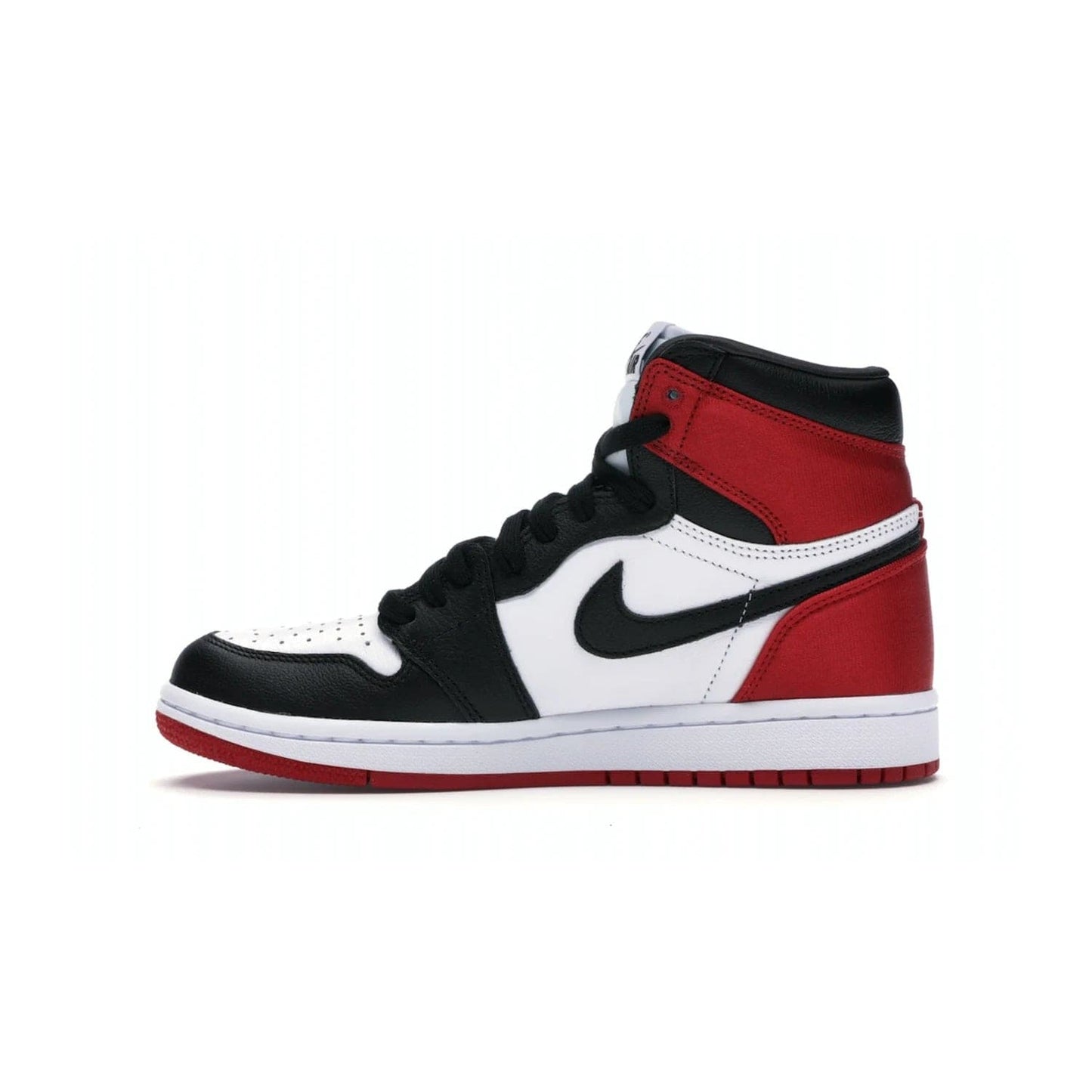 Jordan 1 Retro High Satin Black Toe (Women's) - Image 19 - Only at www.BallersClubKickz.com - Luxurious take on the timeless Air Jordan 1. Features a mix of black leather and satin materials with subtle University Red accents. Elevated look with metal Wings logo on the heel. Released in August 2019.