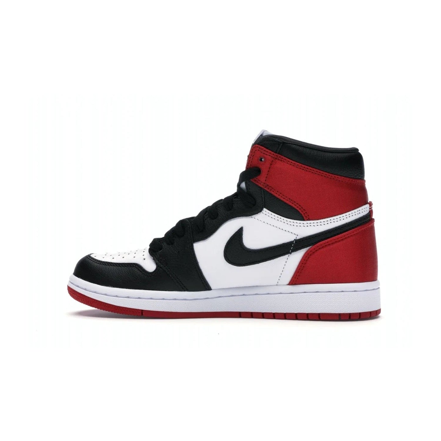 Jordan 1 Retro High Satin Black Toe (Women's) - Image 20 - Only at www.BallersClubKickz.com - Luxurious take on the timeless Air Jordan 1. Features a mix of black leather and satin materials with subtle University Red accents. Elevated look with metal Wings logo on the heel. Released in August 2019.