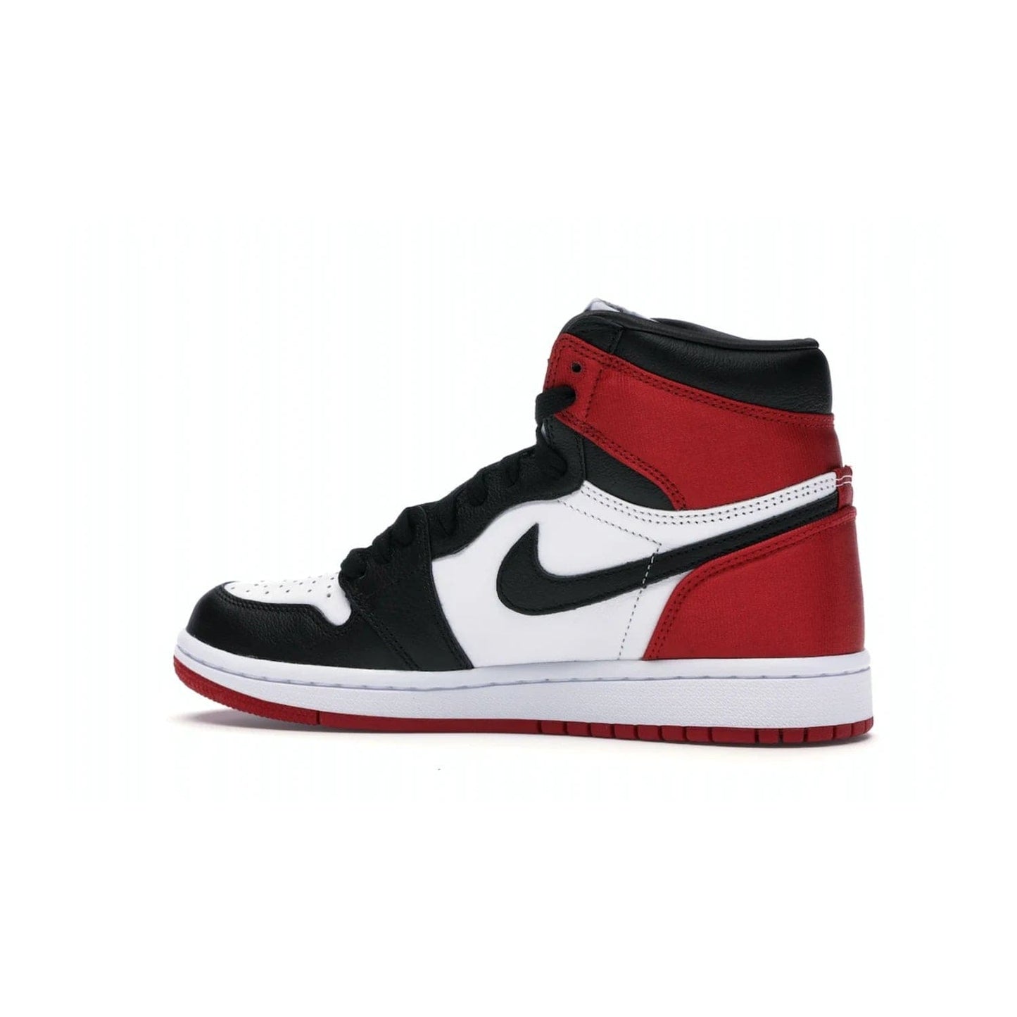 Jordan 1 Retro High Satin Black Toe (Women's) - Image 21 - Only at www.BallersClubKickz.com - Luxurious take on the timeless Air Jordan 1. Features a mix of black leather and satin materials with subtle University Red accents. Elevated look with metal Wings logo on the heel. Released in August 2019.