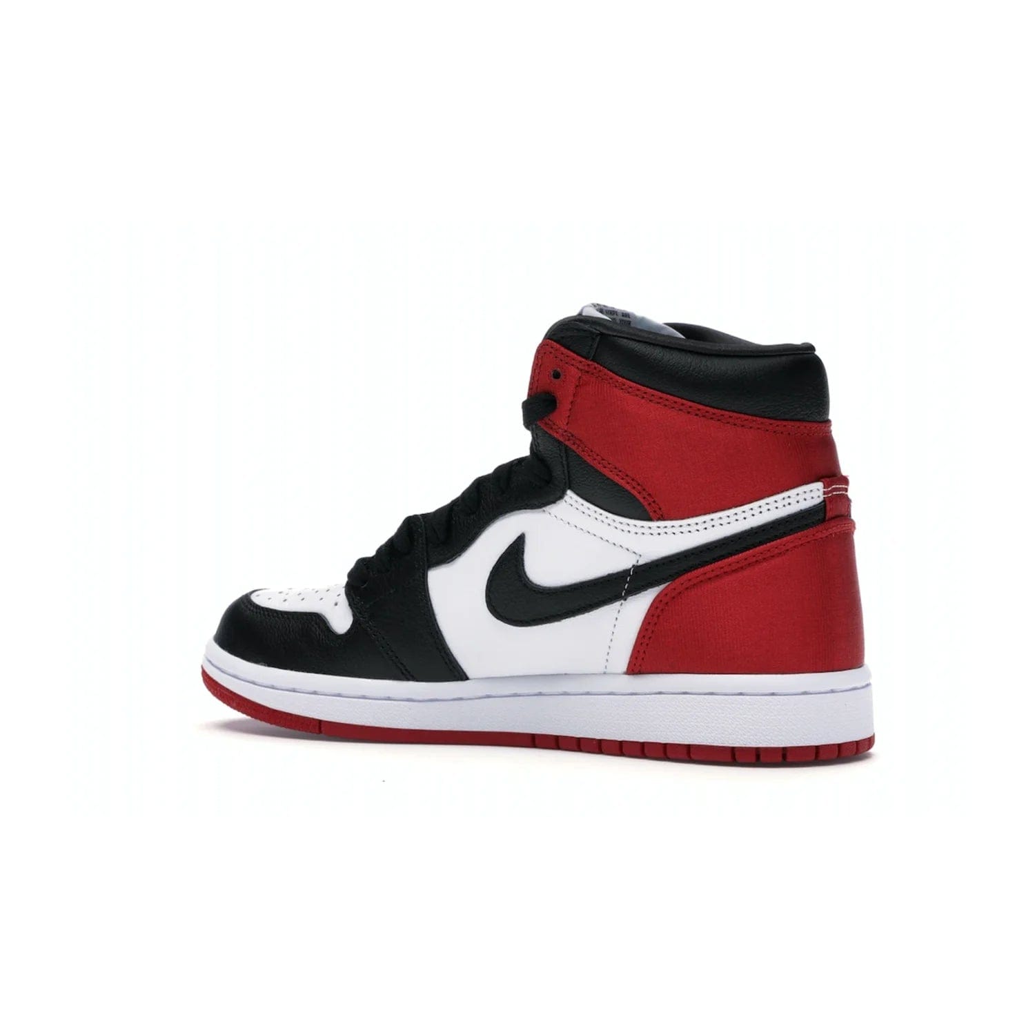 Jordan 1 Retro High Satin Black Toe (Women's) - Image 22 - Only at www.BallersClubKickz.com - Luxurious take on the timeless Air Jordan 1. Features a mix of black leather and satin materials with subtle University Red accents. Elevated look with metal Wings logo on the heel. Released in August 2019.